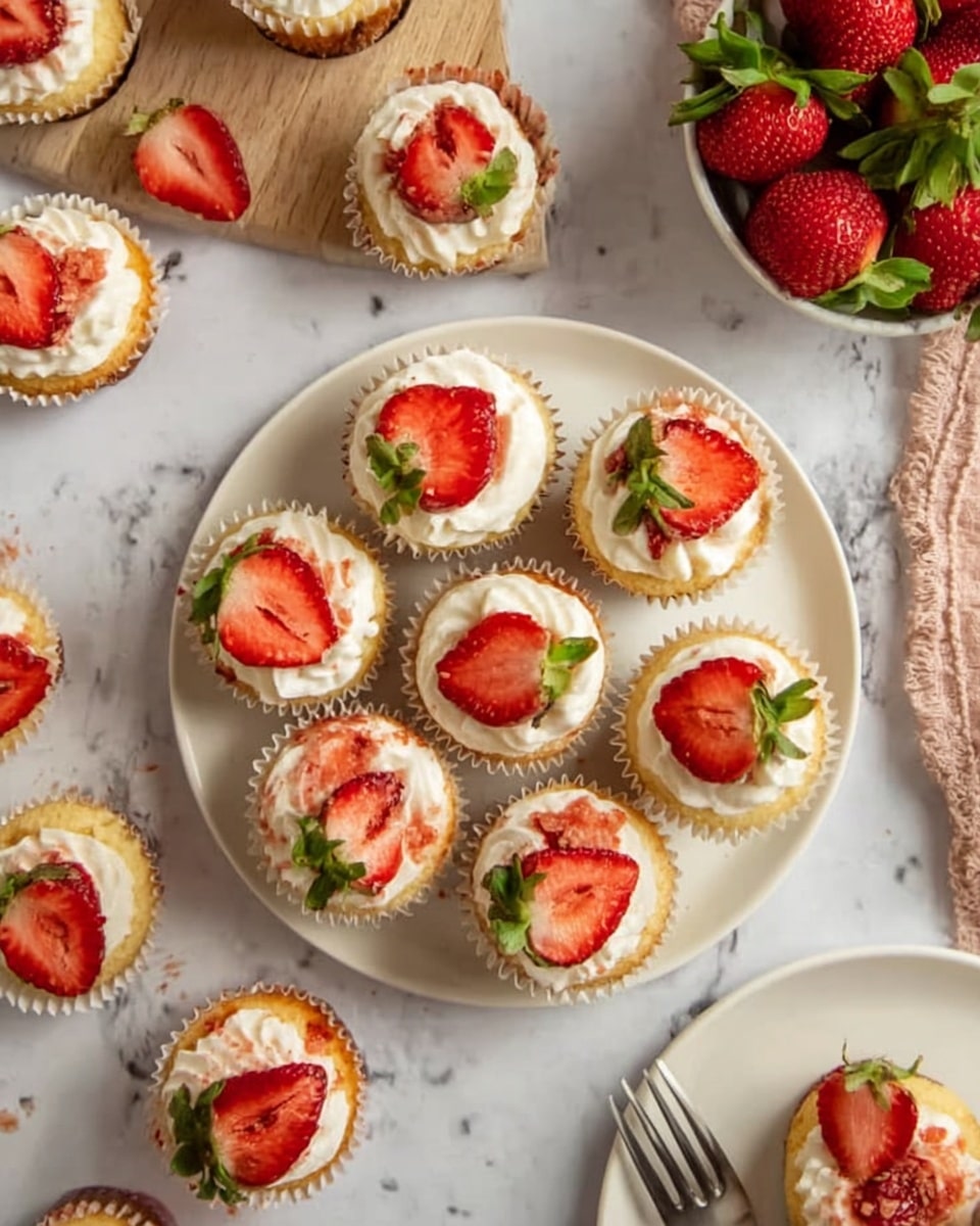 The image shows a white round plate filled with small cupcakes arranged closely together. Each cupcake has a light yellow base with a fluffy, creamy white topping. On top of each cupcake is a fresh, bright red strawberry half with green leaves, placed slightly to one side. Around the white plate are more cupcakes scattered on a white marbled surface, some with their liners peeled back. Near the plate, a white plate holds one cupcake with a few strawberry pieces beside it, and a woman's hand is holding a fork poised to eat the cupcake. Whole strawberries with green tops are placed near the top right corner of the image. The overall texture is soft and fresh with vibrant red and creamy white colors. photo taken with an iphone --ar 4:5 --v 7
