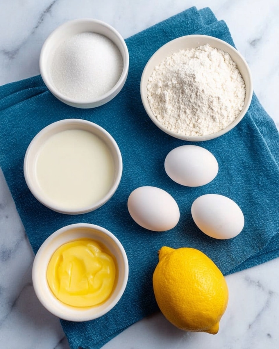 The image shows a top view of six small white bowls and three eggs arranged on a blue cloth placed on a white marbled surface. The bowls hold different ingredients: granulated sugar in the top left, flour with a fluffy texture in the top center, and milk with a smooth surface in the top right. Below, a small bowl with melted yellow butter sits in the lower left, and to its right are three white eggs placed close together. On the bottom right, there is a whole bright yellow lemon. The overall setup is neat and well organized, highlighting the ingredients clearly photo taken with an iphone --ar 4:5 --v 7