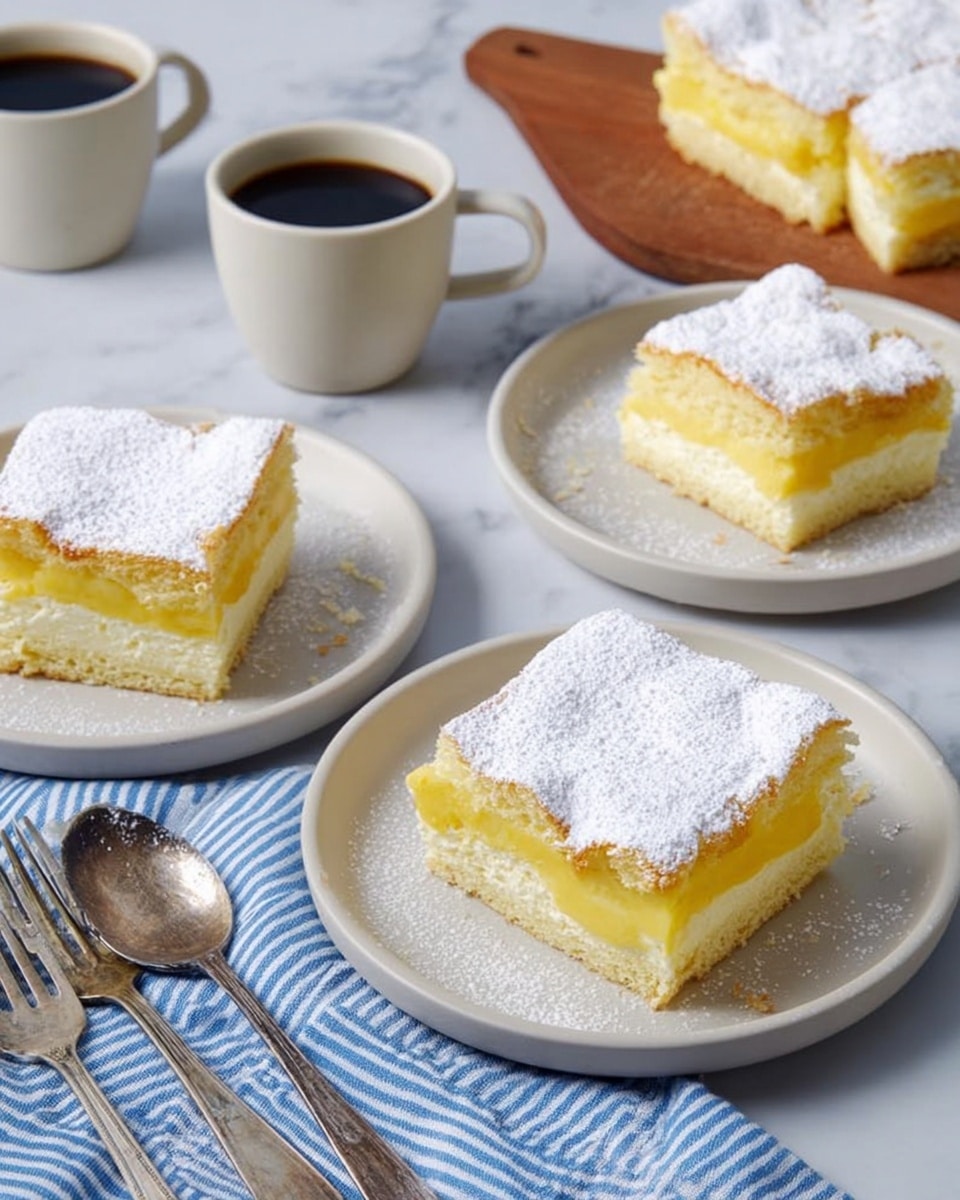 The image shows several white plates each with a square piece of light yellow cake dusted with white powdered sugar on top. Each cake piece has two visible layers: a soft yellow sponge base and a light yellow creamy layer above it. The plates are placed on a white marbled surface with a striped blue and white cloth nearby. Next to three of the plates are silver forks and spoons with a worn texture. In the background, there are white cups filled with dark coffee and a wooden board with more pieces of the same cake. Photo taken with an iphone --ar 4:5 --v 7