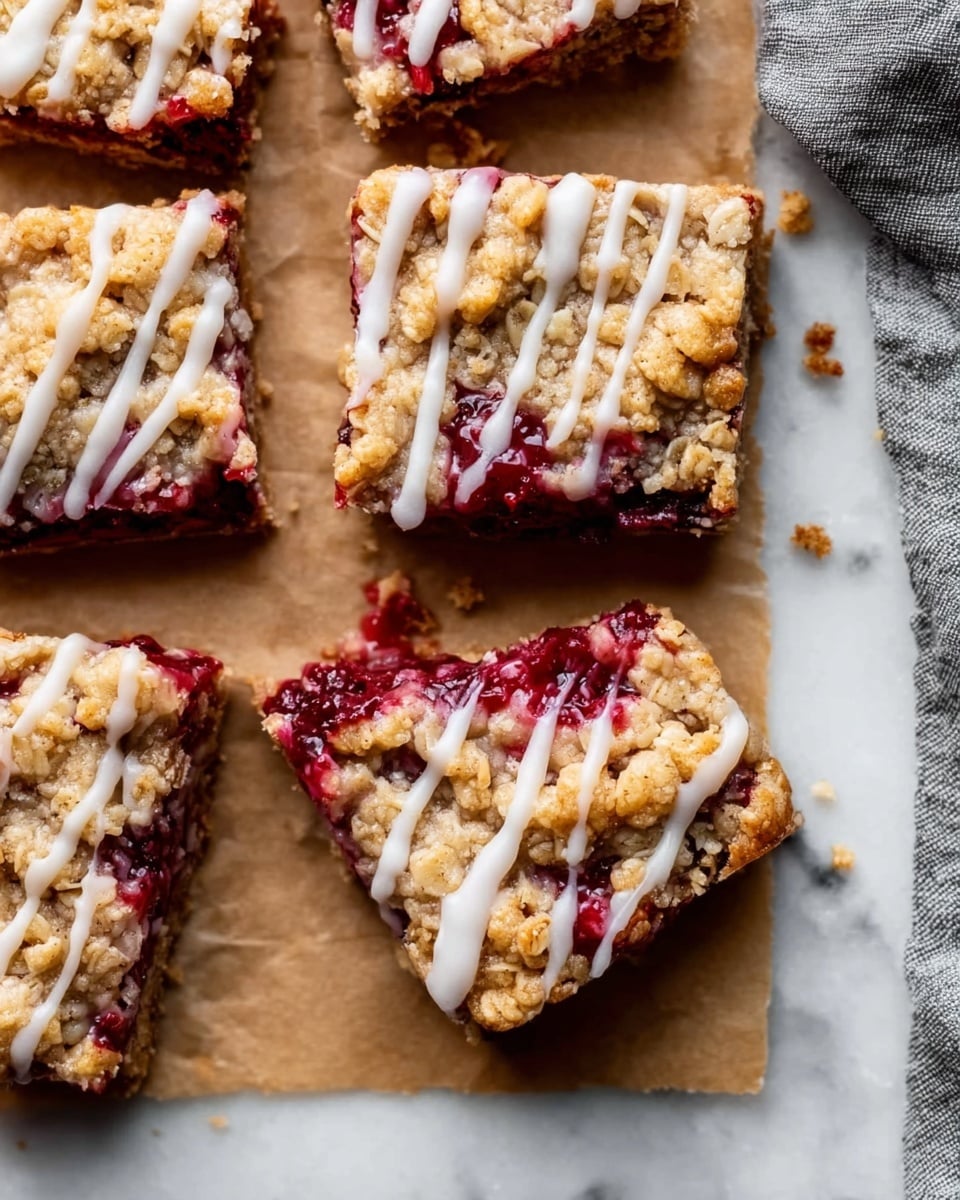 The image shows several square pieces of a berry crumble dessert placed on brown parchment paper over a white marbled surface. Each piece has three visible layers: the bottom layer is a thick, deep red berry filling; the middle layer is made of crumbly oats and brown sugar with a golden-brown color and a rough texture; the top is drizzled with a white icing glaze in thin, uneven lines. The squares are uneven in size and some berry filling oozes slightly around the edges. A corner of a gray cloth is visible on the top right. Photo taken with an iphone --ar 4:5 --v 7
