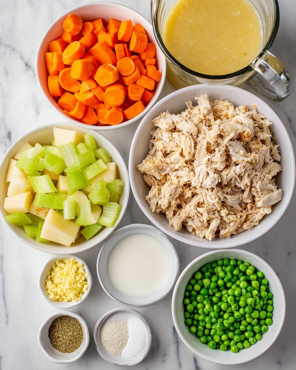 The image shows a white bowl divided into four sections, each with different chopped vegetables: light green celery on the left, white onion at the top, orange carrot slices on the right, and pale yellow potato pieces at the bottom. To the right of this bowl is another white bowl filled with seasoned, cooked, shredded chicken colored light brown with some darker spices. Above this chicken bowl is a clear glass measuring cup with light yellow broth. In front of the chicken bowl, on the white marbled surface, are a small white bowl of finely minced yellow garlic, another small white bowl with different dry spices in shades of green and yellow, a medium white bowl filled with a smooth white liquid, a smaller white bowl with white powder, and a small white bowl holding bright green peas. The photo taken with an iphone --ar 4:5 --v 7