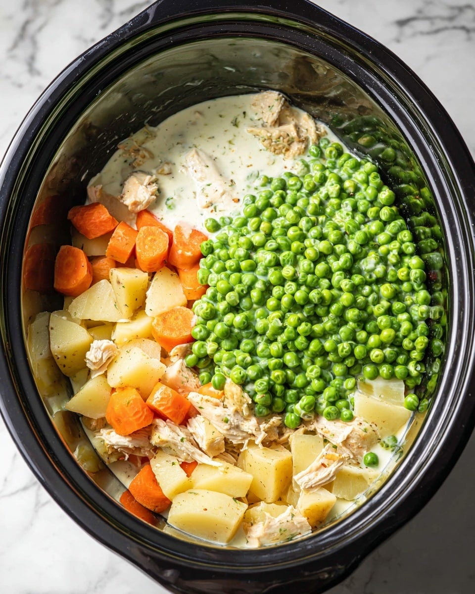 Inside a black slow cooker, there are several visible layers of ingredients. The bottom layer has chunks of cooked chicken and sliced orange carrots mixed with soft, pale yellow potato pieces. On top of this, there is a layer of white creamy sauce, partly covering the vegetables and meat. Finally, a thick layer of bright green frozen peas is piled on the top. The cooker sits on a white marbled surface. photo taken with an iphone --ar 4:5 --v 7