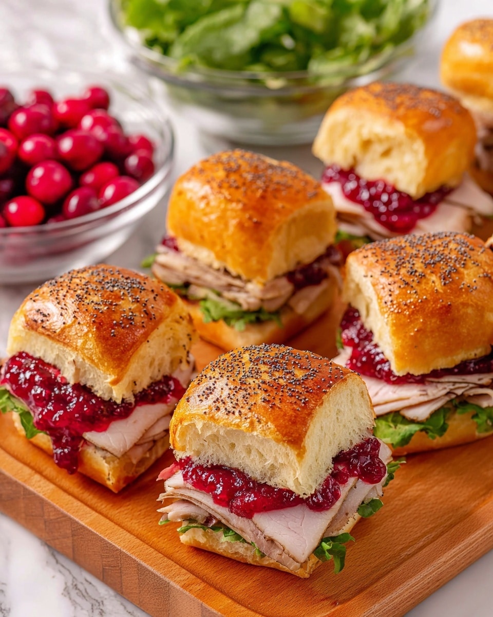 The image shows five sandwiches on a wooden board, each made with a golden-brown, slightly toasted bun sprinkled with poppy seeds. Each sandwich has three visible layers: the bottom layer is the soft bread, the middle layer contains sliced light-colored meat, topped with a layer of green leafy lettuce, and above that, a thick layer of bright red berry sauce spreads to the edges. In the background, there is a clear glass bowl filled with fresh green leaves and another clear bowl filled with bright red berries. The setting is on a white marbled surface. Photo taken with an iphone --ar 4:5 --v 7