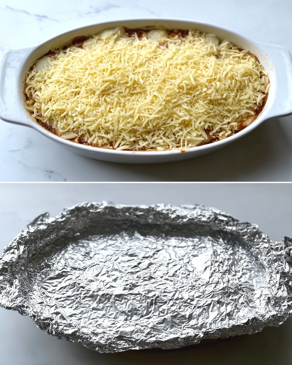 A white oval dish filled with layers of food is shown; the top layer is covered with a thick, even spread of finely shredded light yellow cheese. The dish is on a white marbled surface. In the second image, the dish is covered with a layer of silver foil, crinkled and pressed over the edges of the dish. photo taken with an iphone --ar 4:5 --v 7