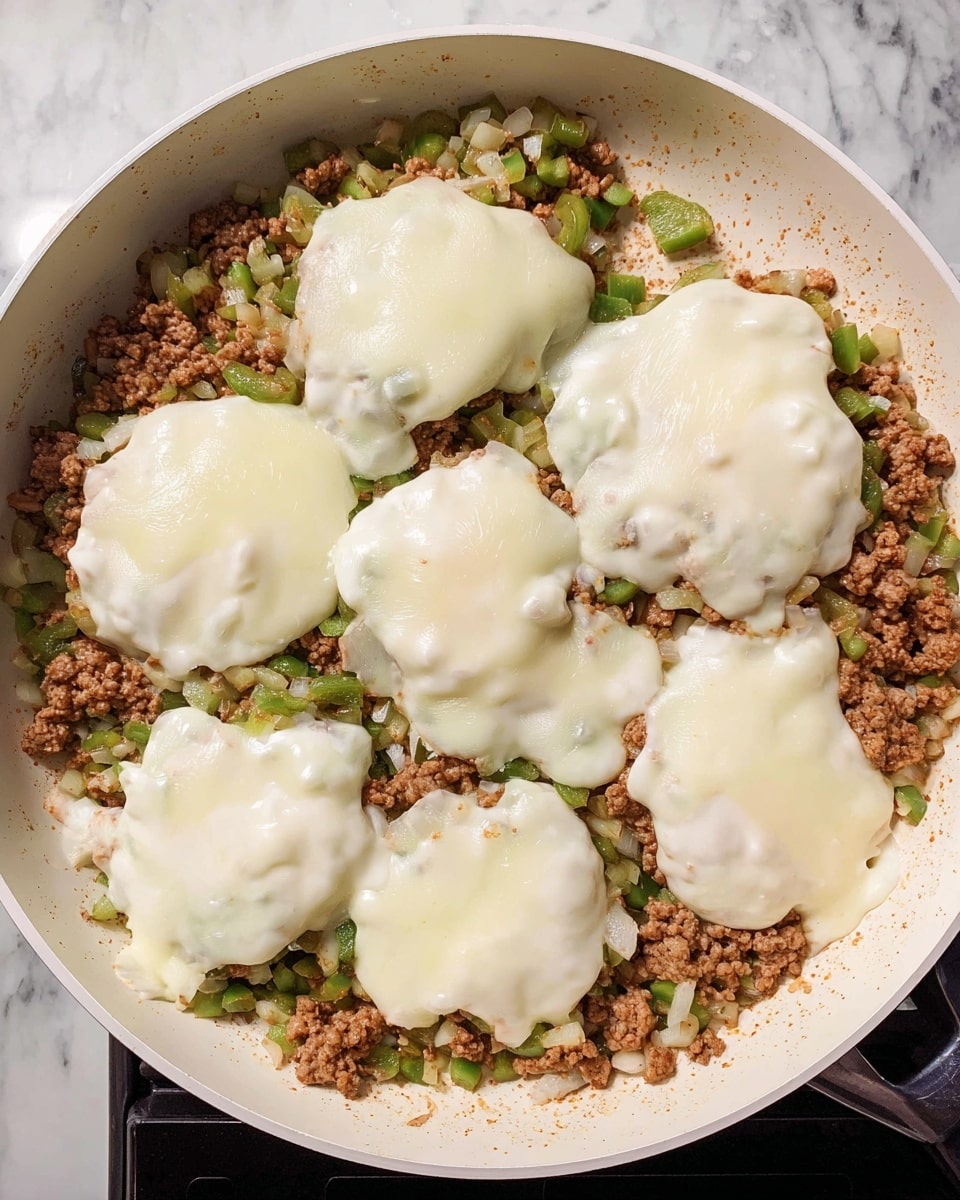 This image shows a white frying pan filled with a cooked mixture of ground meat, green bell peppers, and diced onions as the base layer. On top of this, there are six slices of melted white cheese evenly placed, covering most of the cooked ingredients beneath. The melted cheese has a bubbly texture with some lightly browned spots. The frying pan is placed on a stove with a white marbled surface around it. photo taken with an iphone --ar 4:5 --v 7