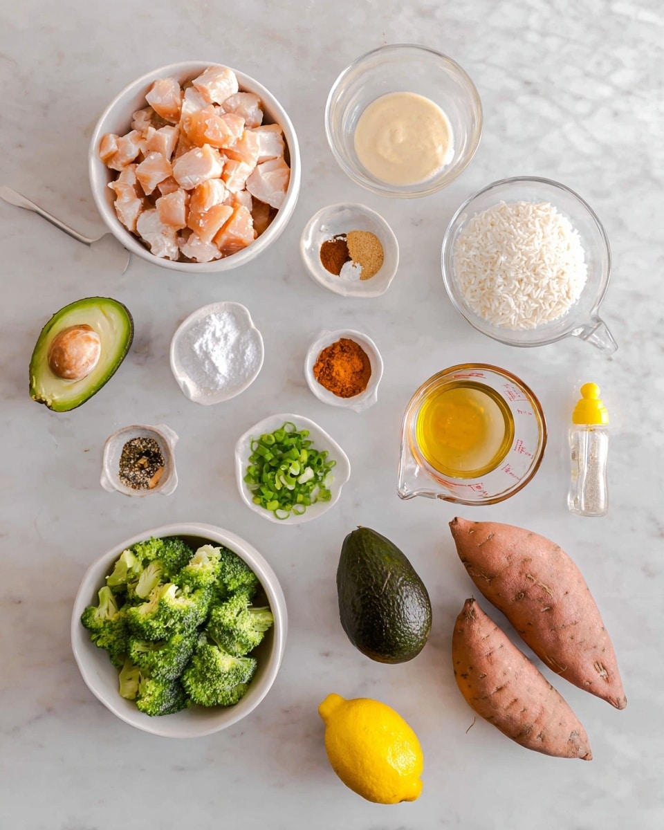 The image shows an overhead view of many cooking ingredients on a white marbled surface. There is a white bowl at the top left filled with light pink diced chicken pieces and a white bowl at the bottom left with bright green broccoli florets. Around these bowls are small white dishes with various spices and seasonings, including chopped green onions, salt with a small gold spoon, black pepper, and reddish-brown powdered spices. A clear glass dish holds a pale creamy sauce, and a measuring cup filled with white rice is nearby. There is a shiny golden liquid in a small clear bowl, a whole dark green avocado, three whole sweet potatoes with brown skin, half a lemon showing its yellow inside, and a clear honey bottle with a yellow cap shaped like a bear. The setting is clean and bright. Photo taken with an iphone --ar 4:5 --v 7