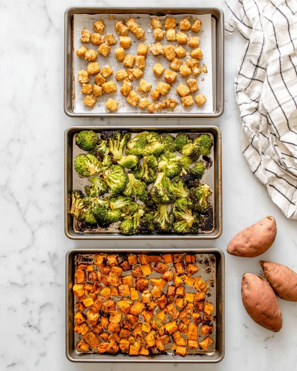 Three baking trays are placed vertically on a white marbled surface, each holding a different roasted food. The top tray has one layer of small, golden-brown roasted cubes with a slightly crispy texture on parchment paper. The middle tray holds a single layer of bright green roasted broccoli florets with charred spots and rough edges. The bottom tray contains one layer of orange roasted sweet potato cubes, with some pieces showing darker caramelized edges. To the side, three whole sweet potatoes and a corner of a white cloth with black lines are visible. Photo taken with an iphone --ar 4:5 --v 7