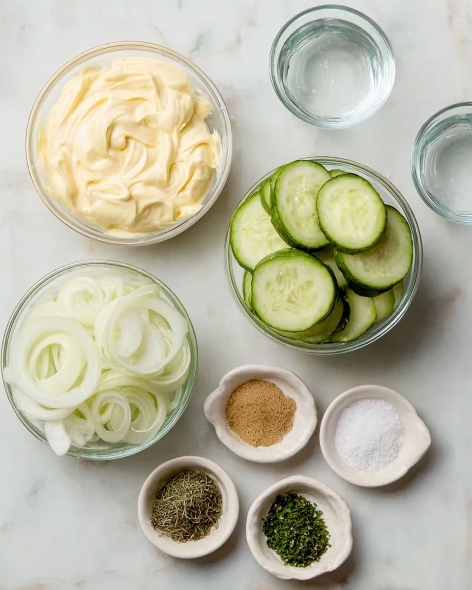 The image shows eight containers arranged on a white marbled surface. In the top left, there is a large glass bowl filled with smooth, pale yellow mayonnaise. Below it, a smaller glass bowl holds thin white onion slices with a soft texture. To the right of the onions, another glass bowl contains many round, thin cucumber slices that are light green with visible seeds. Around these bowls, five small white ceramic dishes hold different powders and spices: a light brown powder in the top middle, finely chopped green herbs top right, white salt bottom left, a dark pepper spice mixture center, and a white powder on the right. There is also a small, clear glass bowl with water placed near the left side of the onions. The colors are mostly soft yellows, greens, and whites, with the spices adding contrast. photo taken with an iphone --ar 4:5 --v 7