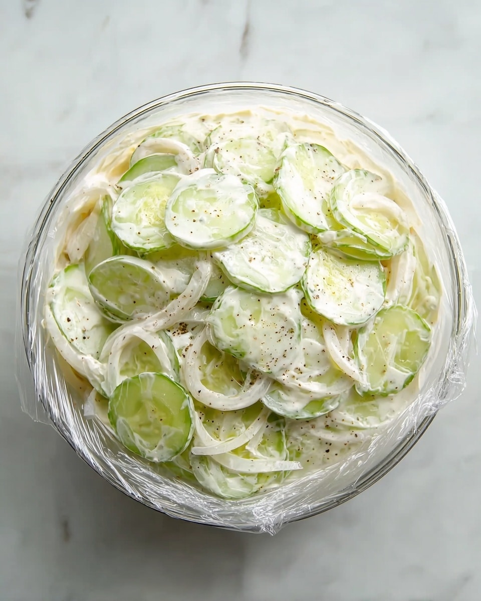 A clear glass bowl filled with thinly sliced cucumbers and onions mixed in a creamy, white sauce with some black pepper sprinkled on top. The bowl is covered with a transparent plastic wrap and placed on a white marbled surface. The creamy texture of the sauce lightly coats the cucumber and onion slices, which appear fresh and slightly glossy. photo taken with an iphone --ar 4:5 --v 7