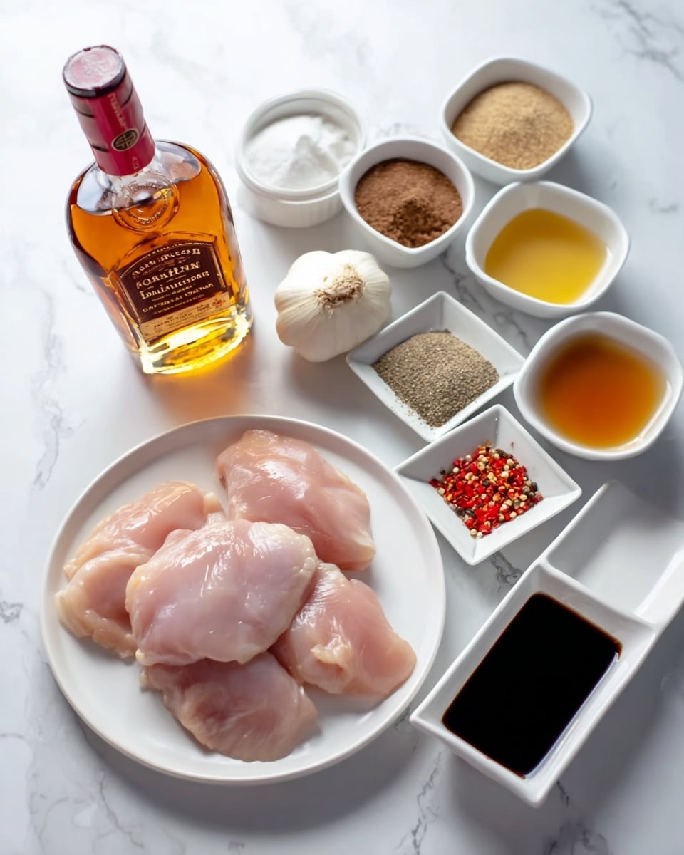The image shows a white round plate filled with six pieces of raw light pink chicken placed on a white marbled surface. To the left of the plate, there's a bottle of amber-colored bourbon whiskey tilted slightly on the surface, with a whole white garlic bulb beside it. Above the plate, a cluster of small white bowls and dishes hold different ingredients: one bowl has dark brown sugar, another has a clear liquid, a third bowl contains a light yellow liquid, and a fourth has a reddish sauce. A small square dish holds a mix of ground black pepper, red chili flakes, white salt, and a light brown powder. To the right, a rectangular white dish contains a dark soy-like liquid. Overall, the ingredients are neatly arranged on a clean white marbled background photo taken with an iphone --ar 4:5 --v 7