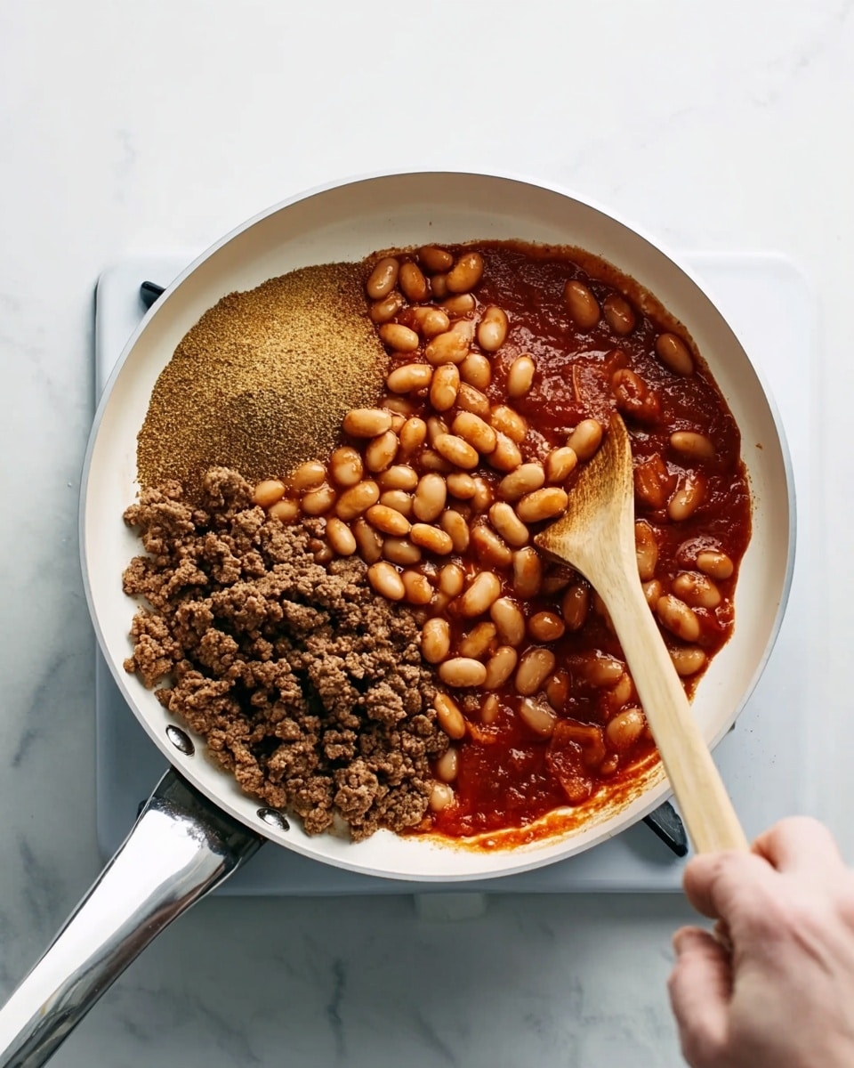 A white frying pan on a white marbled surface contains three main layers: a bottom layer of cooked ground meat, a middle layer of brown spice powder scattered over the meat, and a top layer of cooked beans in red sauce. A woman's hand is holding a wooden spoon, stirring the beans and sauce gently on the right side of the pan. The scene shows the pan on a stove burner. photo taken with an iphone --ar 4:5 --v 7
