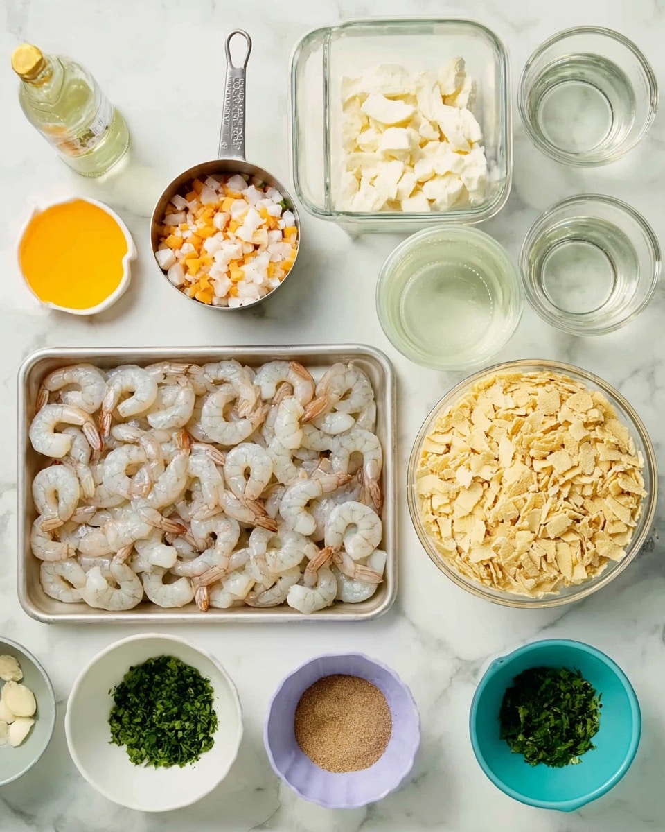 The image shows several clear and white bowls and containers placed on a white marbled surface, each holding different cooking ingredients. In the center-left, a metal tray holds many raw, peeled shrimp arranged in rows with one metal measuring cup filled with small white and orange chunks. To the left of the tray, there is a small clear container filled with an orange liquid. Above the shrimp tray, there is a larger clear container holding white chunks, and to the right of that, a small bottle with a green cap. Next to the bottle, there is a small glass cup with clear liquid. To the rightmost top is a large white bowl filled with crushed light yellow crackers. Below that, there are four small bowls: one white bowl with crushed crackers, one clear bowl with chopped green herbs, one light purple bowl with minced garlic, and one turquoise bowl with brown powder. The photo is taken with an iphone --ar 4:5 --v 7