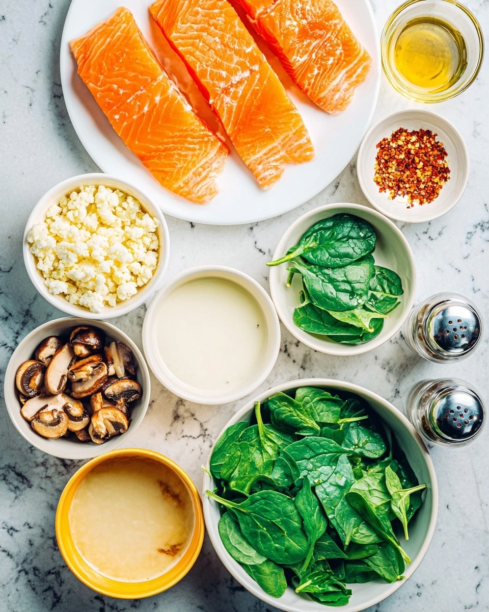 The image shows several white bowls arranged on a white marbled surface. At the top left, thin, bright orange slices of salmon are neatly spread out on a white plate, showing their smooth, fresh texture. To the right, a small white bowl holds red chili flakes, while below it is another small white bowl with a pale liquid inside. Next to that is a white bowl filled with finely chopped cauliflower, and below it is a large white bowl full of fresh, bright green spinach leaves. Near the bottom left, a white bowl with a yellow rim contains a creamy white sauce, and beside it is a white bowl with a golden-brown liquid, likely broth. Below, a white bowl is filled with brown cooked mushrooms. There is also a small white bowl with minced garlic and another with olive oil. On the right edge, two glass shakers with silver tops stand side by side. The whole setup is brightly lit, clear, and orderly. Photo taken with an iphone --ar 4:5 --v 7