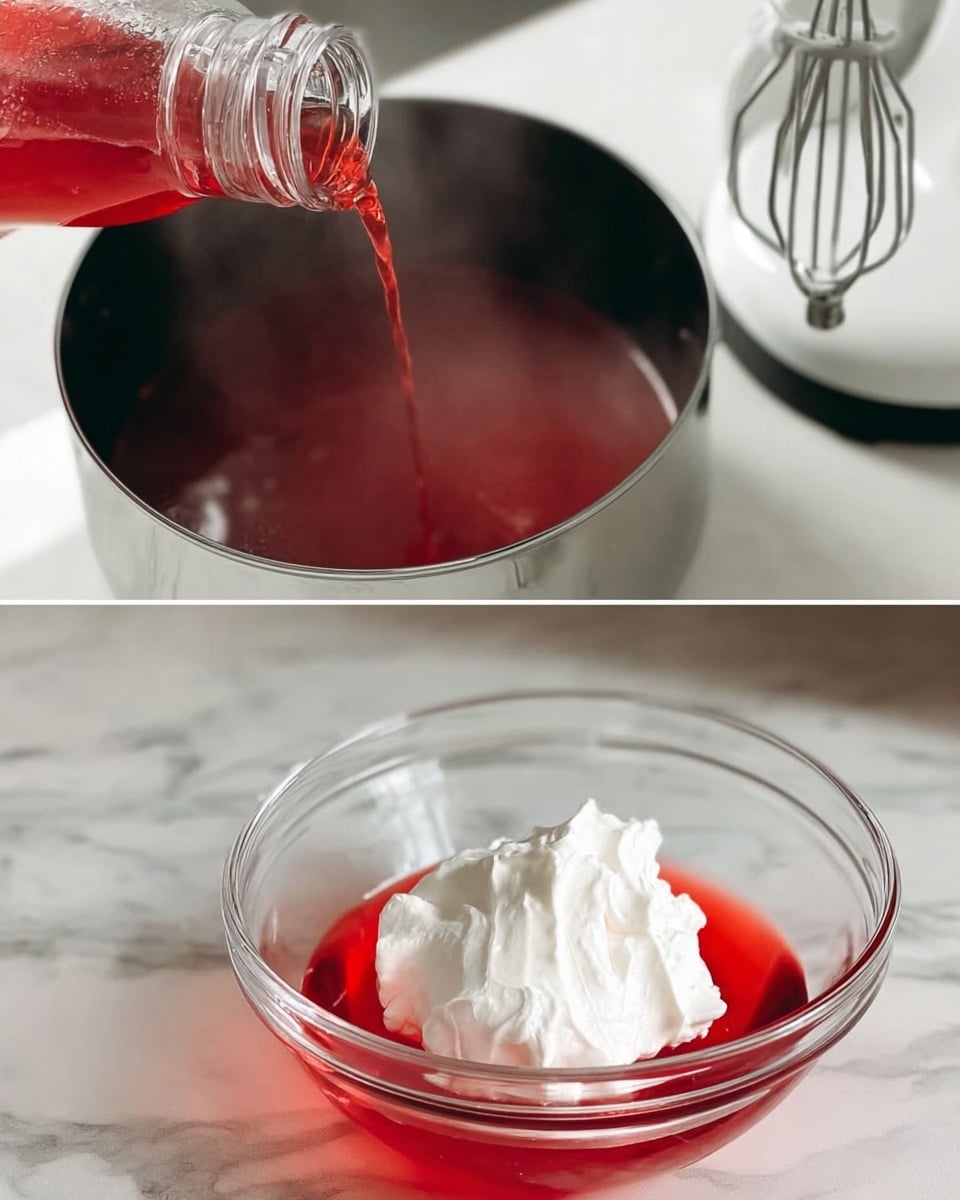 In the first image, bright red hot liquid is being poured from a dark pot into a clear glass bowl placed on a white marbled surface, with steam rising from the bowl showing heat. In the second image, a clear glass bowl sits on a white marbled surface holding a thick white creamy dollop on top of the bright red liquid, behind it is a blurred white electric mixer with shiny beaters attached. Photo taken with an iphone --ar 4:5 --v 7