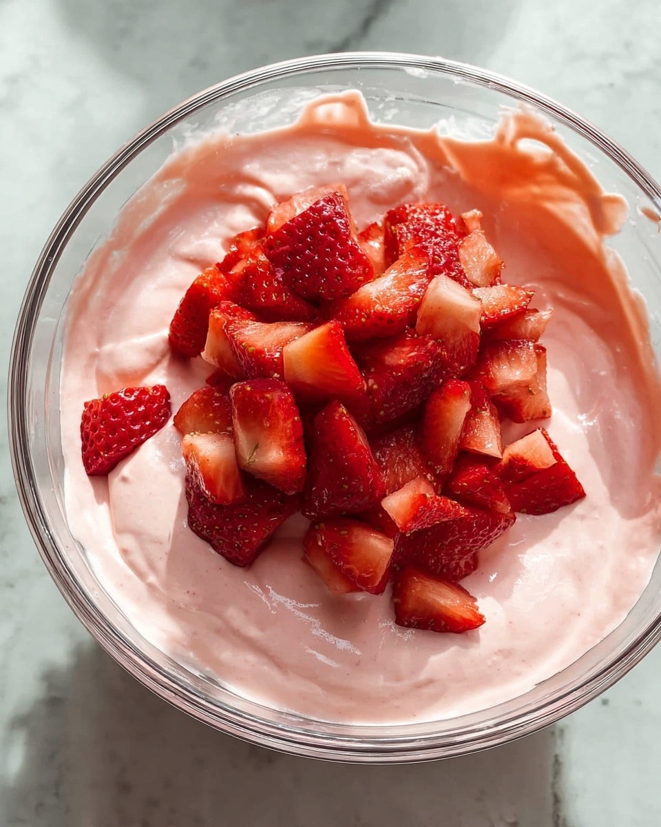 A clear glass bowl holds a creamy pink mixture as the base layer, smooth and thick in texture, with a pile of bright red chopped strawberries placed on top in the center. The strawberries are cut into small pieces, showing a juicy inside with some white parts near the edges. The bowl is set on a white marbled surface, and the smooth pink cream slightly smears along the sides of the bowl. The image is bright with natural light highlighting the fresh colors. photo taken with an iphone --ar 4:5 --v 7