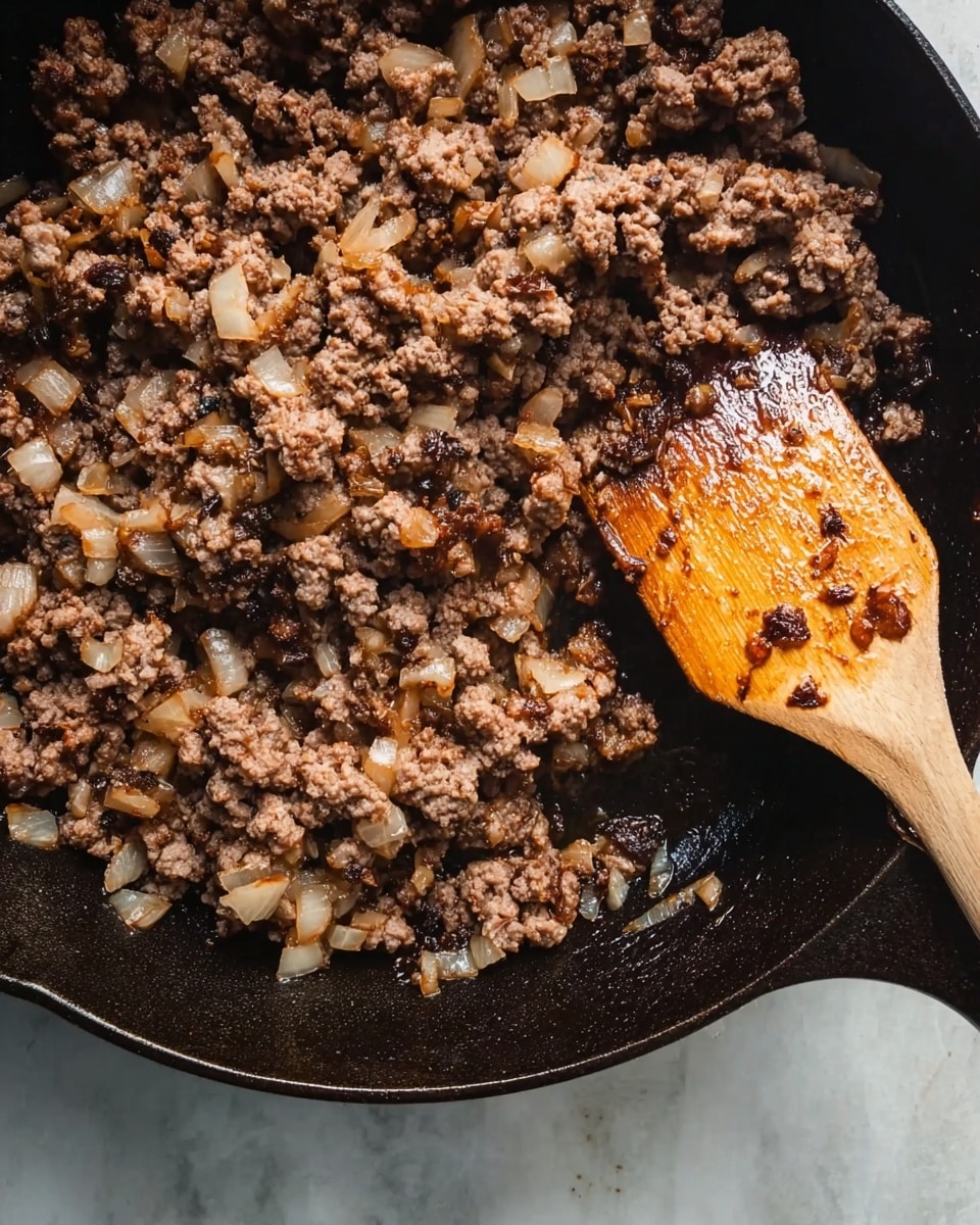 A close-up view of a dark cast iron pan filled with cooked ground meat mixed with small pieces of translucent cooked onions. On the right side of the pan, a wooden spatula with a smooth, shiny surface rests, showing bits of cooked onion sticking to it. The pan is placed on a white marbled textured surface. The lighting highlights the texture of the meat and onions, showing a mixture of brown tones and soft, light caramelized onion colors. photo taken with an iphone --ar 4:5 --v 7