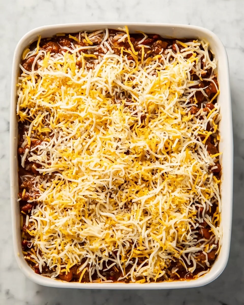 The image shows a white rectangular baking dish filled with layered food. The base layer consists of a brown cooked mixture that looks like beans or a bean-based sauce, topped unevenly with a generous amount of shredded cheese in white and light yellow colors. The cheese is spread across the whole surface, covering most of the dark base layer beneath. The dish is sitting on a white marbled surface, creating a clean and bright background. photo taken with an iphone --ar 4:5 --v 7