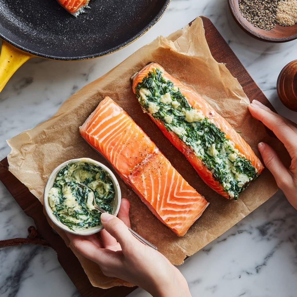 Two raw salmon fillets with bright orange and white stripes lie side by side on brown parchment paper over a gray marble cutting board with a leather loop at the top. Each fillet has a thick layer of green and white spinach-cream mixture spread along the middle. A woman's left hand holds one fillet steady while her right hand scoops the spinach cream from a white bowl below with a spoon, ready to add more. The bowl shows the creamy spinach mixture, with rough texture and chopped leaves. To the left, part of a black cast iron pan with a yellow handle is visible on a white marbled surface. In the top right corner, there is a wooden pepper grinder and a black bowl with seasoning. Photo taken with an iphone --ar 4:5 --v 7