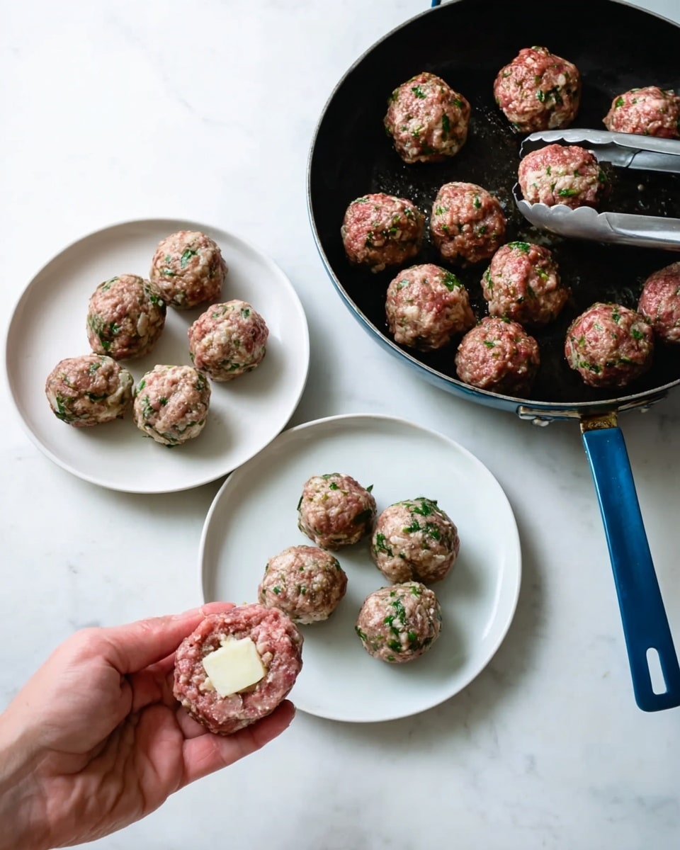 A white plate on a white marbled surface holds seven raw meatballs with green herbs mixed in, arranged loosely. In front, a woman's hand holds a round shaped raw meatball with a piece of white cheese placed in the center. Another white plate on the same surface shows seven round raw meatballs with green herbs, evenly spaced. A black skillet with a blue handle sits on the white marbled surface, containing eight mostly cooked brown meatballs with some pink spots; metal tongs hold one meatball above the pan. Photo taken with an iphone --ar 4:5 --v 7