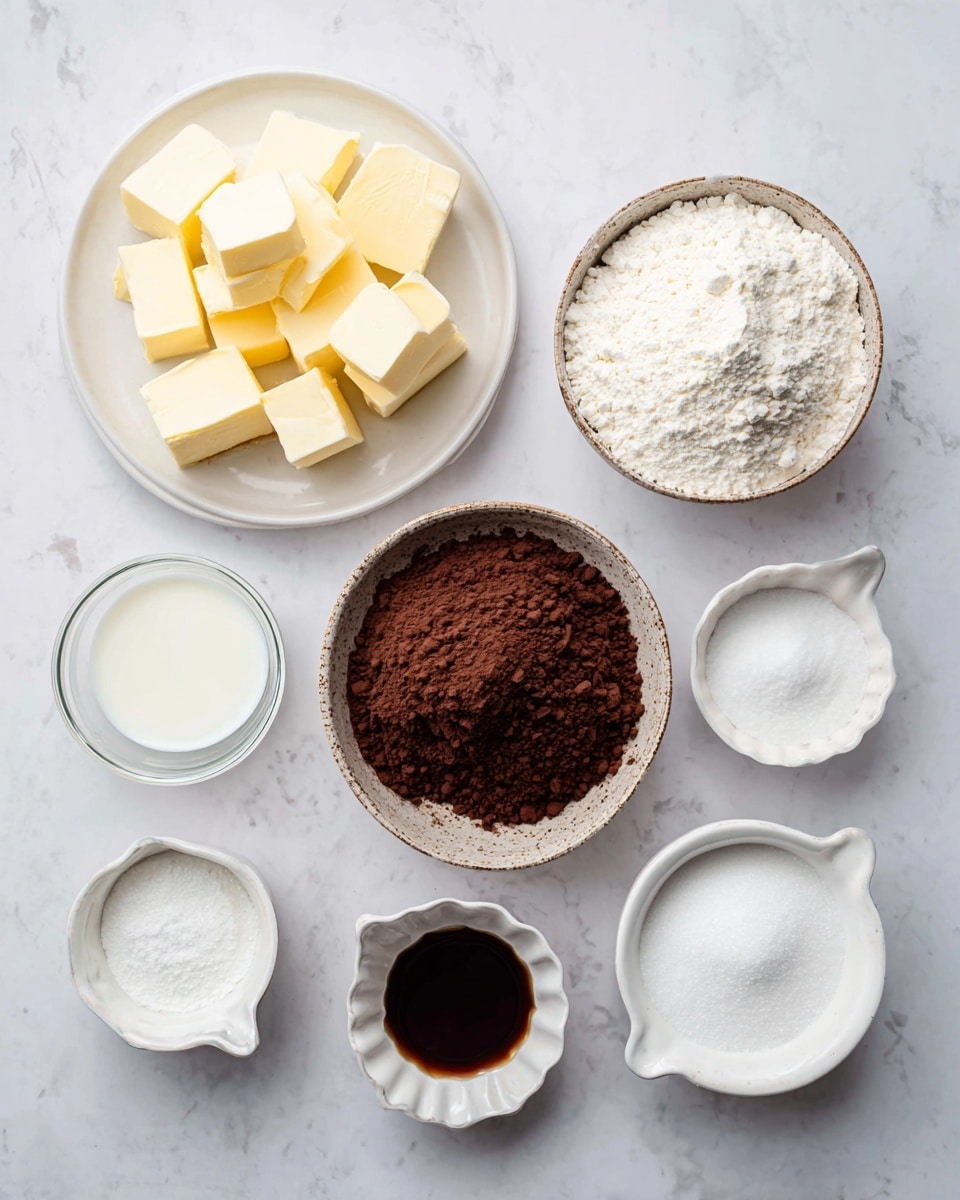 The image shows seven bowls and a plate with baking ingredients arranged neatly on a white marbled surface. On the left, there is a white round plate filled with large chunks of light yellow butter. Below it is a small clear glass bowl holding white cream or milk. In the center, there is a rustic round bowl filled with dark brown cocoa powder, rough in texture. Around it, from top left going clockwise, there is a white bowl with white flour, a small white bowl of white salt, a small white fluted bowl with dark brown vanilla extract, and a white measuring cup filled with white granulated sugar. The bowls and plate create a balanced layout of different textures and soft colors. Photo taken with an iphone --ar 4:5 --v 7