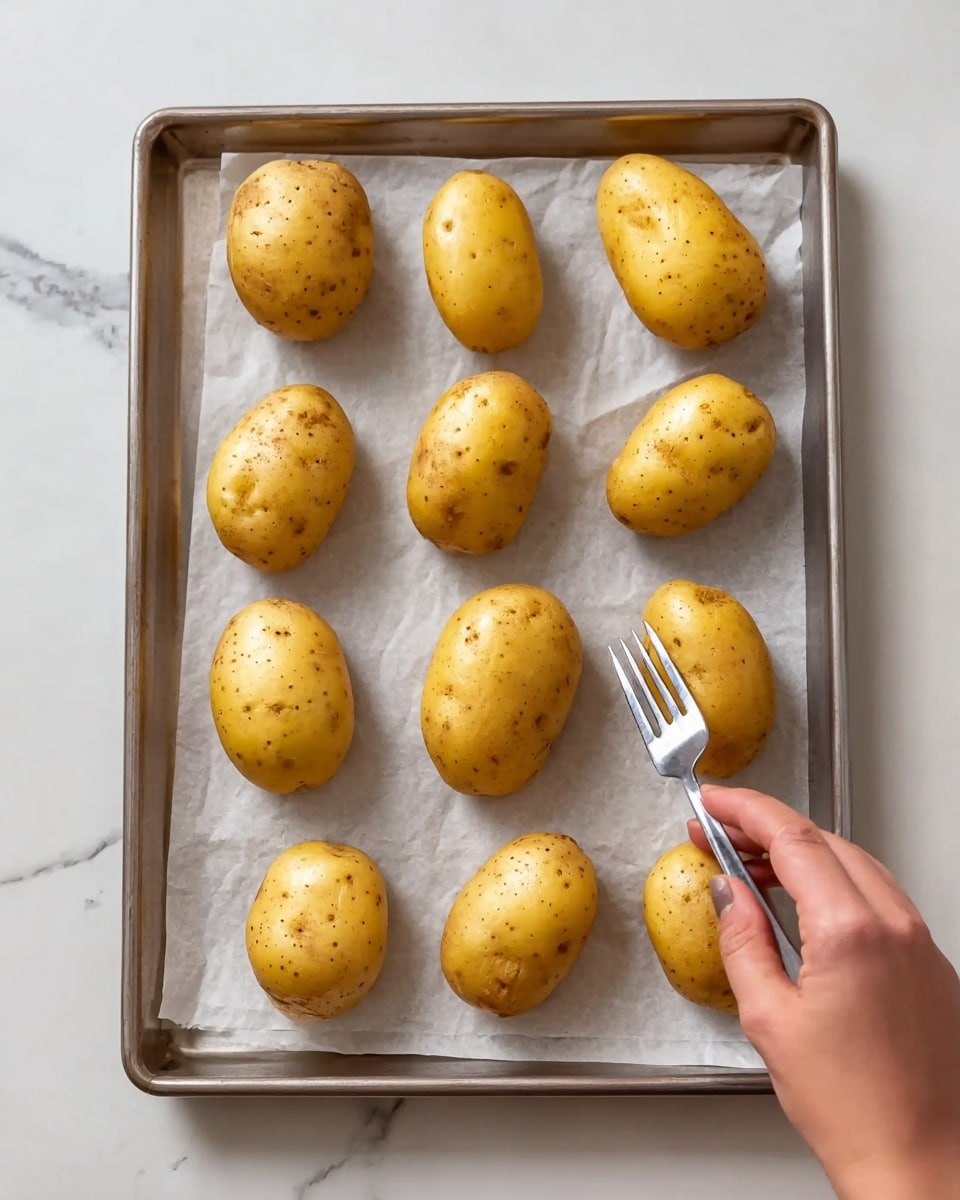 The image shows a baking tray lined with white parchment paper holding eleven small, whole yellow potatoes evenly spaced apart. Each potato has a smooth, slightly shiny skin with light brown spots and a few darker patches. A woman's hand is seen holding a silver fork, pressing into one potato on the lower right side of the tray. The tray rests on a white marbled surface. photo taken with an iphone --ar 4:5 --v 7