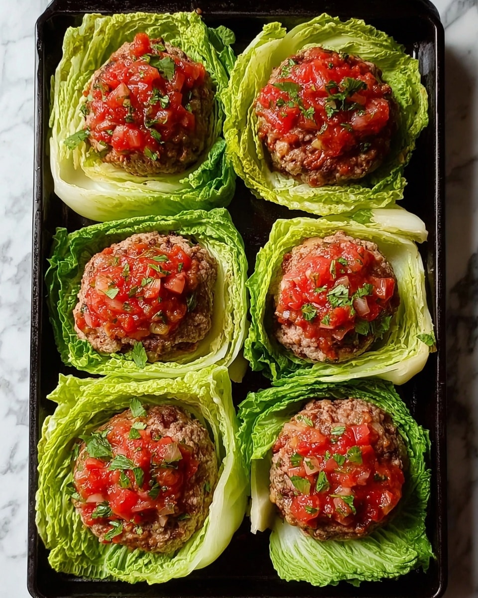 The image shows six layered cabbage leaves placed on a black baking tray over a white marbled surface. Each layer has a base of bright green cabbage leaves with a slightly ruffled texture. On top of the cabbage, there is a thick, round patty made of ground meat mixed with visible small pieces of onion and herbs, giving it a textured, speckled appearance in brown and white tones. A vibrant red sauce with small chunks of tomato and finely chopped herbs is spread evenly on the top of each patty, adding a fresh and colorful contrast. The patties are neatly placed in two rows of three, filling up the baking tray. Photo taken with an iphone --ar 4:5 --v 7