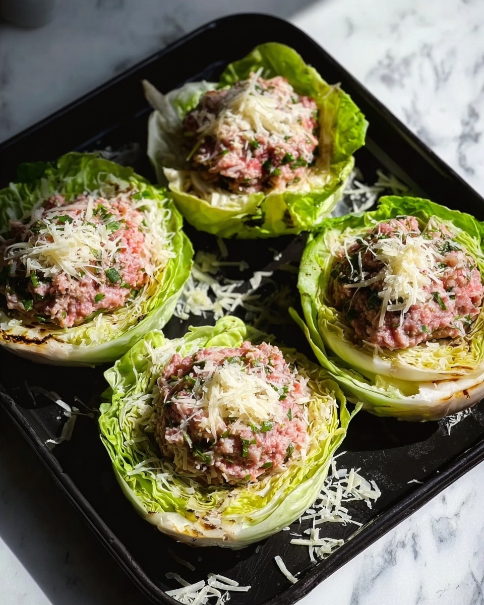 The image shows four large round slices of green cabbage placed on a black baking tray. Each cabbage slice is topped with a thick, rough-textured layer of raw ground meat mixed with bits of green herbs, creating a pink and green speckled mound. On top of each meat mound is a scattering of shredded white cheese that also lightly covers parts of the tray. The cabbage leaves are bright green on the outer edges, fading to pale green and white toward the center. The baking tray sits on a white marbled surface, and there is a slight shadowing from natural light. Photo taken with an iphone --ar 4:5 --v 7