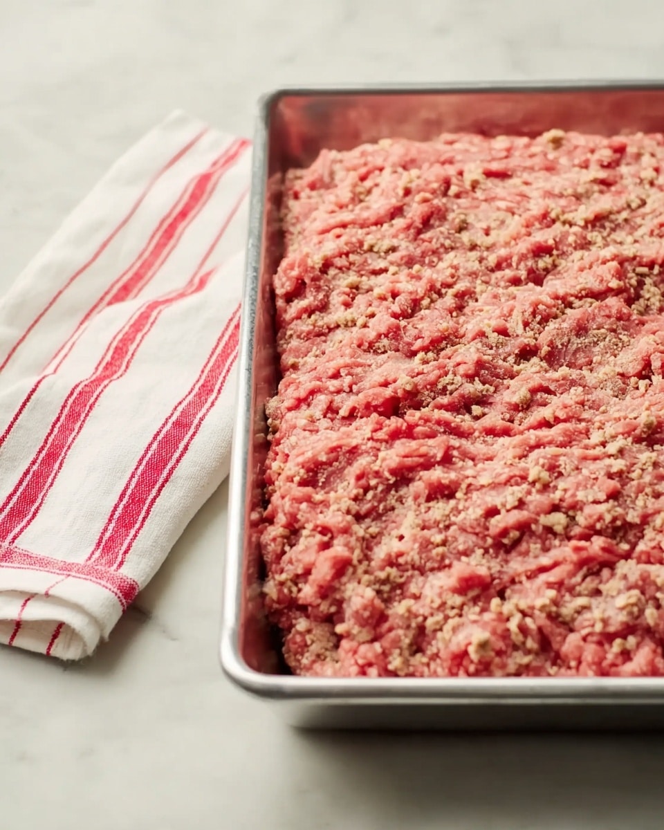 A close-up view of a metal baking tray filled with an even layer of raw ground meat mixture, showing a pinkish-red color with specks of light brown and white ingredients mixed in. To the left of the tray, there is a white cloth with red stripes folded neatly on a white marbled surface. The texture of the meat is slightly rough and spread out flat inside the tray, with no other layers visible. photo taken with an iphone --ar 4:5 --v 7