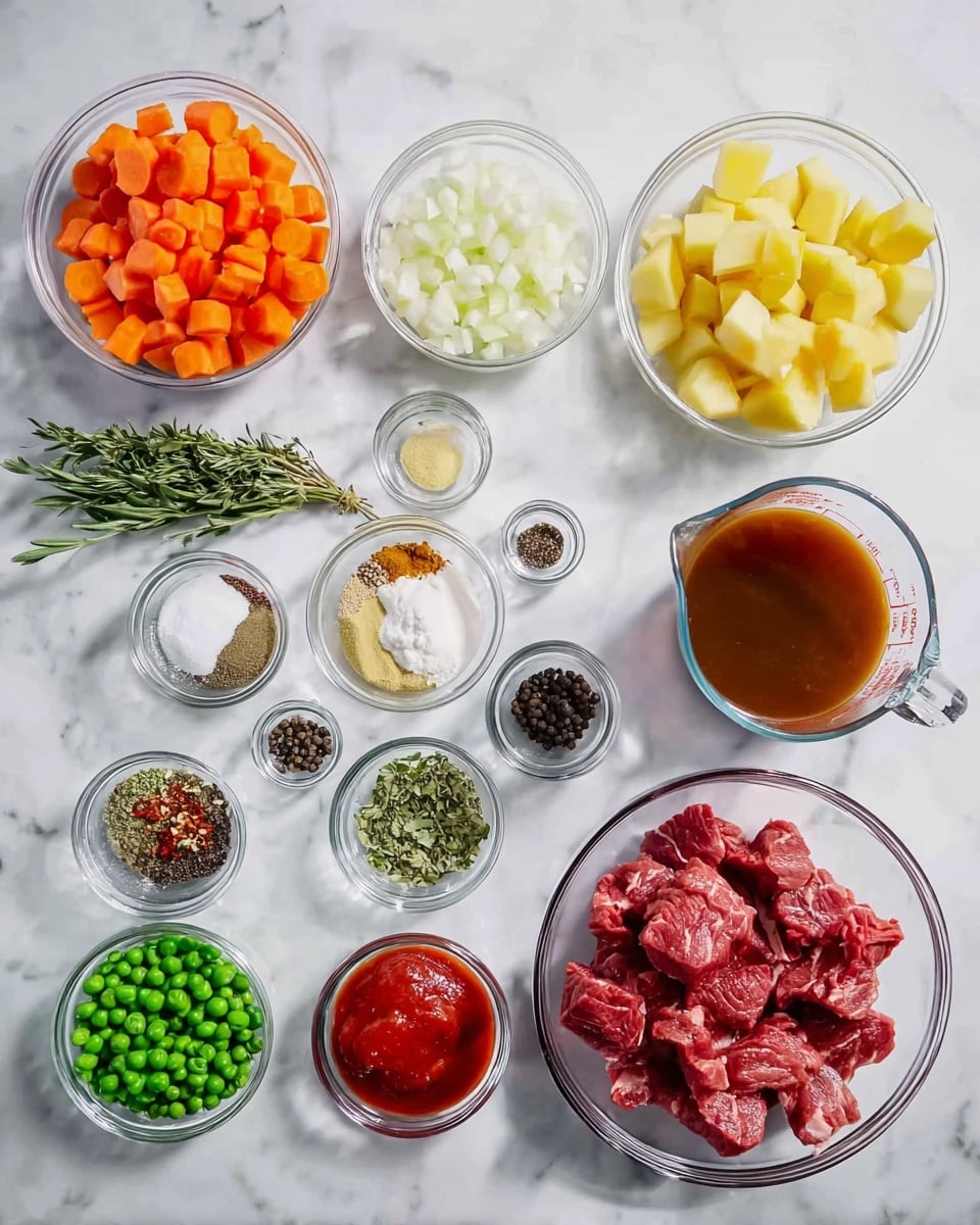 The image shows a top view of many clear glass bowls and small containers placed on a white marbled background, each holding different ingredients for cooking. There are three larger bowls in the top row: one with chopped orange carrots on the left, one with diced white onions in the middle, and one with chunky yellow potatoes on the right. Below them, a measuring cup filled with brown broth sits on the right side. At the bottom right, a large clear bowl holds reddish raw beef chunks. Next to the beef on the left, there is a small bowl with bright green peas and another with red tomato paste. Several small bowls and jars lie in between and to the left, filled with various spices like black pepper, herbs, ground powders, and minced garlic. Fresh green herb sprigs are laid out on the left side near the top. Each component is neatly arranged and clearly visible. photo taken with an iphone --ar 4:5 --v 7