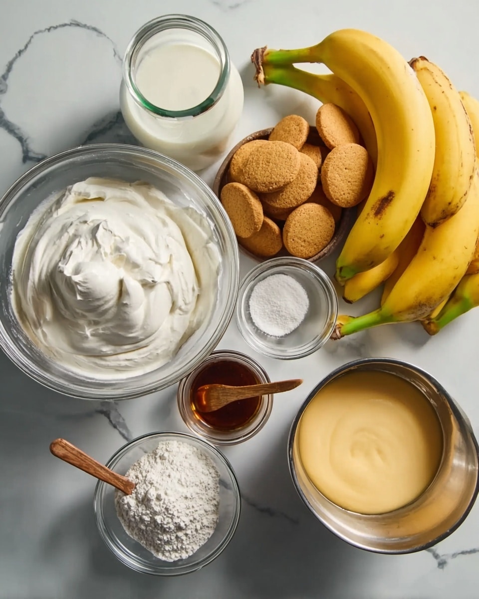 The image shows an overhead view of several clear glass and metal bowls and a glass jug on a white marbled surface. There is a large metal bowl of thick white whipped cream on the left, and to the right, a glass bowl filled with round, light brown cookies. Above the cookies is a bunch of ripe yellow bananas with green tips. In the center, there is a small glass bowl filled with white powder, likely sugar or flour, and below it, a medium metal bowl containing a smooth pale yellow custard or pudding. To the left of the custard is a small glass jar with dark brown liquid and a wooden spoon resting on top. At the top left sits a glass jug filled with milk. The lighting is soft and natural, highlighting the textures and colors of each ingredient. Photo taken with an iphone --ar 4:5 --v 7