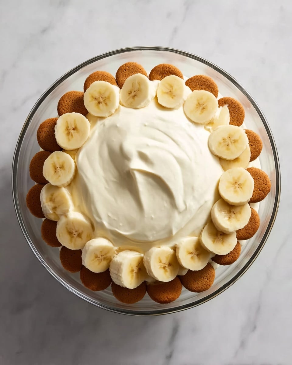 A clear glass bowl shows a dessert with three layers. The bottom layer is a ring of small round brown cookies placed around the edge. On top of the cookies is a layer of banana slices, pale yellow and round, arranged in a circle covering the cookies. The top layer is thick, smooth white cream spread in the center, covering most of the bananas but leaving the outer edges of the slices visible. The bowl is on a white marbled surface. Photo taken with an iphone --ar 4:5 --v 7