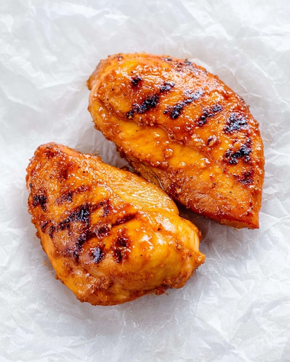 Two pieces of cooked chicken with a shiny orange glaze are placed on crinkled white paper over a white marbled surface. The chicken pieces show some darker grill marks and a slightly uneven texture, with the glaze giving them a moist and sticky look. The edges are smooth and plump, showing the cooked meat's moistness clearly. photo taken with an iphone --ar 4:5 --v 7
