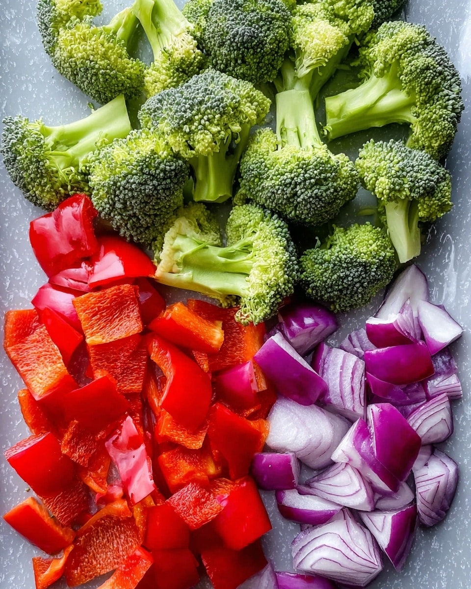 The image shows a mix of three types of raw vegetables placed side by side on a light gray surface with a subtle pattern. On the top left side, fresh green broccoli florets with thick, light green stems are arranged closely together. Below the broccoli, on the bottom left, there are bright red bell pepper pieces, shiny and cut into large chunks. On the right side, there are pieces of purple and white onion sections, cut into triangular shapes and layered loosely. The colors are vivid and natural, creating a fresh and healthy look. Photo taken with an iphone --ar 4:5 --v 7