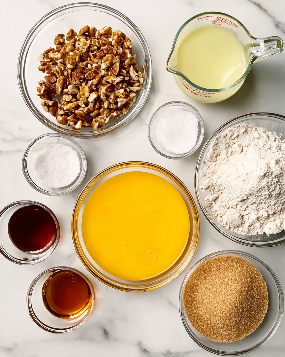 Several clear glass bowls are arranged on a white marbled surface, each filled with different baking ingredients. The top left bowl has a mix of finely chopped nuts with a brown and beige color. Next to it on the right is a measuring cup filled with a light yellow liquid. Above to the right is a very small bowl with a white powdery ingredient. Below it is a larger clear bowl filled with white flour with a soft texture. In the center is a bowl filled with bright yellow beaten eggs, slightly frothy on the surface. Below the eggs on the right is a bowl with light brown soft sugar. To the left of that is a small bowl with dark brown vanilla liquid, and directly above it is a bowl of white granulated sugar. The image shows all bowls clearly spaced out on the white marbled background. photo taken with an iphone --ar 4:5 --v 7