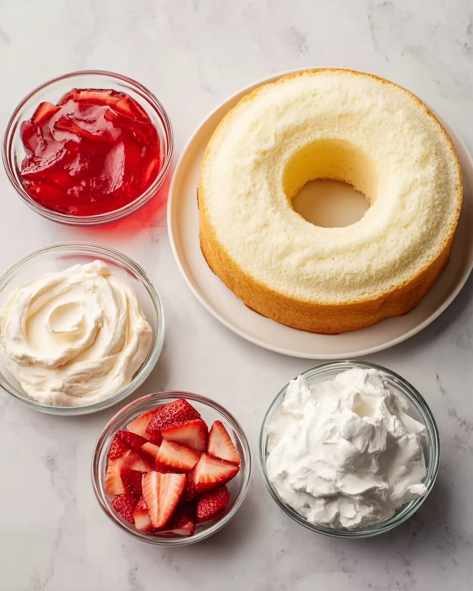The image shows a plain, round cake with a hole in the center sitting on a white plate, placed on a white marbled surface. Around the cake, there are five small clear glass bowls arranged in a loose circle; one bowl contains light cream cheese frosting with a smooth, creamy texture, another has bright red jelly with a shiny, thick look, and a third bowl holds white whipped cream with soft, fluffy peaks. The remaining two bowls have sliced red strawberries with visible seeds and a small amount of white liquid that looks like milk or cream. The colors contrast well with the white marbled background, making the cake and toppings stand out. Photo taken with an iphone --ar 4:5 --v 7