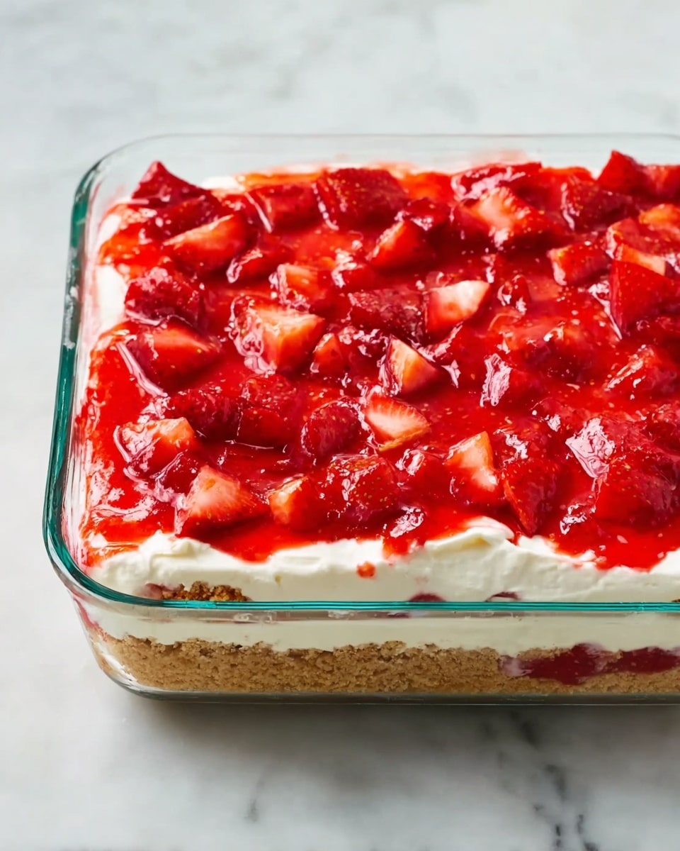 A clear rectangular glass dish with three visible layers: the bottom layer is a light brown crust with crumbly texture, the middle layer is thick and white, looking creamy and smooth, and the top layer is bright red strawberry chunks mixed with a shiny red glaze, giving it a fresh and juicy look; the dish is placed on a white marbled surface. photo taken with an iphone --ar 4:5 --v 7