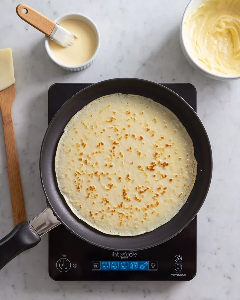 A close-up shot of a single round pancake cooking in a black non-stick pan on an induction cooker with a glowing blue digital display. The pancake is light golden with small brown spots and bubbles on the surface, showing it is partially cooked. To the left side of the pan, there is a small white ramekin with a wooden brush resting over it, covered with a creamy butter or sauce. On the right side of the induction cooker, there is a white bowl filled with pale yellow batter and a beige spatula lying next to it. The whole setup sits on a white marbled surface. photo taken with an iphone --ar 4:5 --v 7