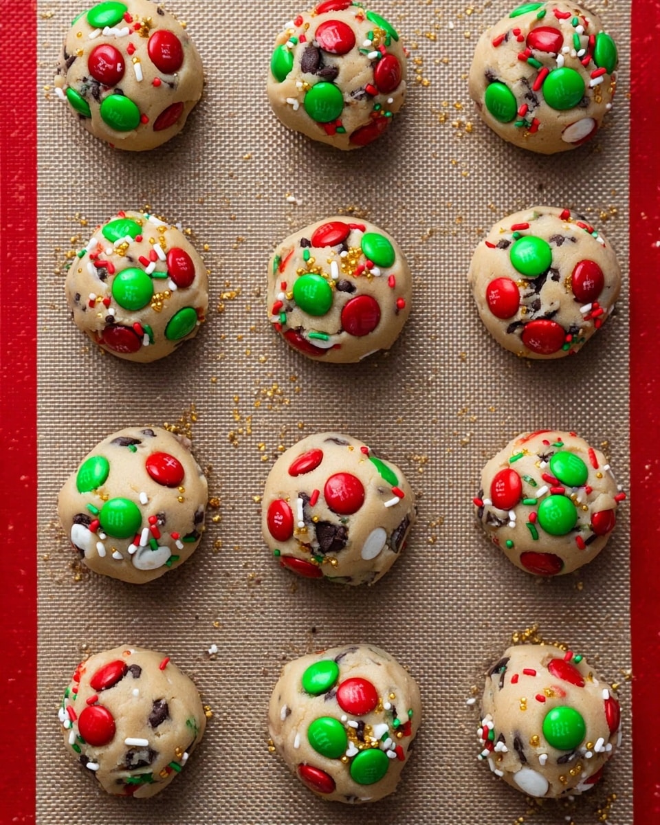 Thirteen round cookie dough balls are evenly placed on a baking sheet with a textured brown surface. Each dough ball is beige with small dark chocolate chips nestled inside. On top of every ball, there are bright red and green candy-coated chocolates, along with colorful sprinkles including red, white, green, and a few golden ones. The candies and sprinkles sit scattered over the surface of each dough ball, making them look festive and ready to bake. The baking sheet is placed on a white marbled texture. photo taken with an iphone --ar 4:5 --v 7