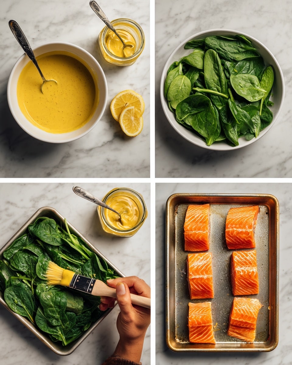 The image set shows a cooking process on a white marbled surface. The first image shows a white bowl with a yellow sauce being mixed by a spoon next to an open jar of yellow mustard and lemon slices. The second image shows a white bowl filled with fresh green spinach leaves with a dollop of the same yellow sauce on top. The third image shows several raw orange salmon fillets laid out on a metal tray, being brushed with the yellow sauce by a woman's hand holding a brush. The last image displays the metal tray now filled with cooked dark green spinach leaves, slightly wilted and spread evenly across the tray. Photo taken with an iphone --ar 4:5 --v 7