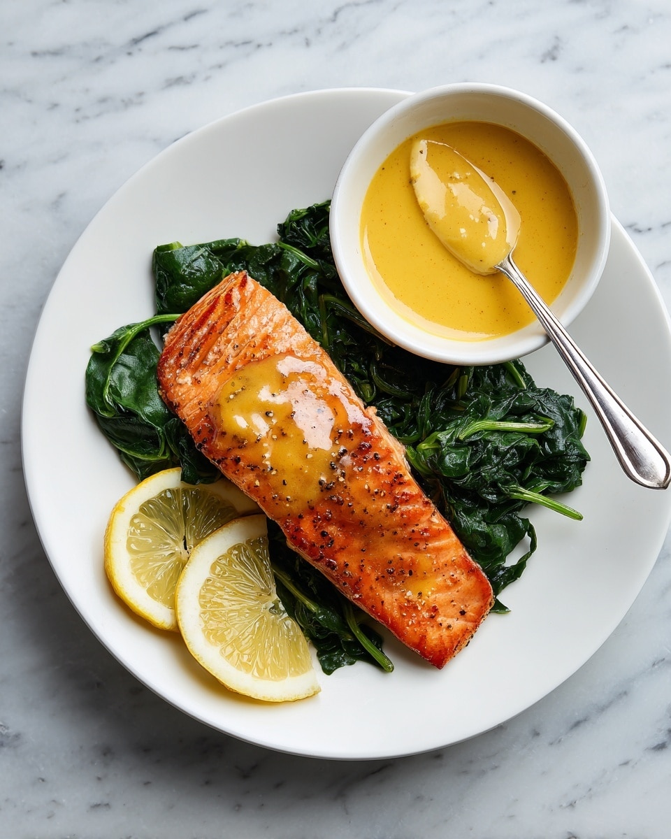 A white plate holds a cooked piece of salmon with a shiny, golden glaze on top, placed over a bed of dark green cooked spinach. Two thin lemon slices rest beside the salmon, adding a bright yellow contrast. Above the plate, there is a small white bowl filled with a smooth, mustard-yellow sauce and a silver spoon inside it. The plate sits on a white marbled texture surface, creating a clean background. Photo taken with an iphone --ar 4:5 --v 7