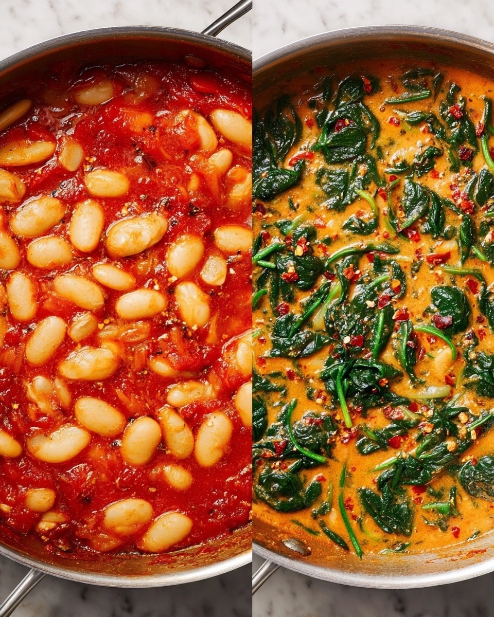 The left image shows a close-up of a stovetop pan filled with large white beans in a rich red tomato sauce, with visible chunks of tomato and small specks of herbs and seasoning floating on the surface. The beans are soft and swollen, scattered evenly throughout the thick sauce, which has a shiny, slightly oily texture. The pan is silver stainless steel, set on a white marbled surface. The right image shows another close-up of a similar silver stainless steel pan, filled with a creamy orange sauce with wilted dark green spinach leaves spread across the surface, small pieces of white beans, and red chili flakes sprinkled on top. The sauce looks smooth and thick, covering the beans and greens in a luscious coating, with some bubbling visible near the edges. Photo taken with an iphone --ar 4:5 --v 7