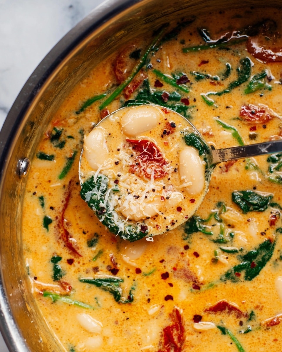 The image shows a creamy soup with a rich orange-yellow base mixed with green spinach leaves and red sun-dried tomatoes, creating a colorful contrast. On the surface float white beans, some slightly coated in sauce, with a sprinkling of black pepper and red chili flakes adding texture and color variation. A silver spoon holds a scoop of the soup, showcasing several plump beans and some white grated cheese on top. The soup is inside a stainless steel pot, placed on a white marbled surface. photo taken with an iphone --ar 4:5 --v 7