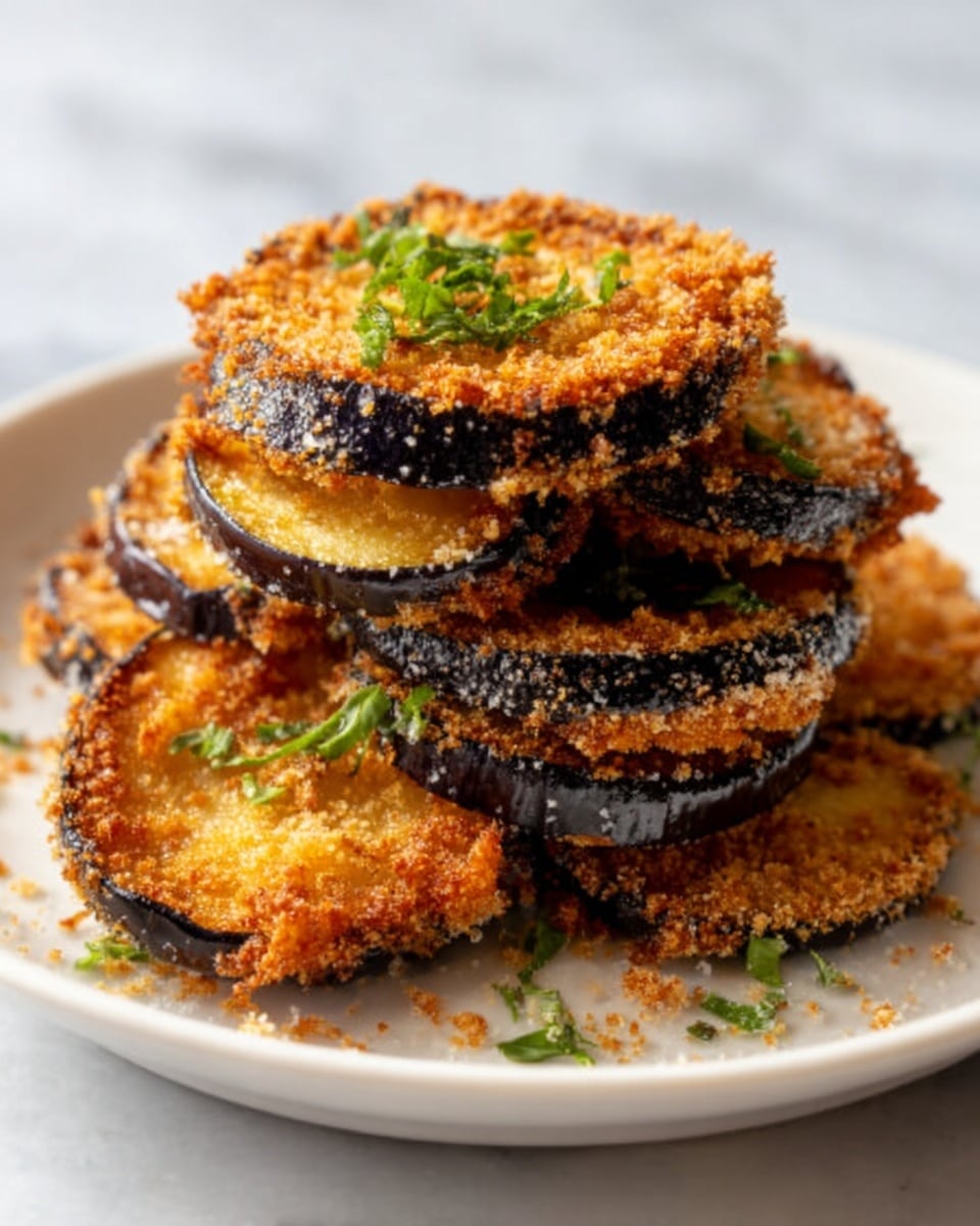 The image shows a stack of golden-brown fried eggplant slices on a white plate. The slices are layered unevenly, with each piece crispy and coated with a crunchy, crumbly texture. The edges of the eggplant are dark purple, contrasting with the warm, toasted coating. Small green herb pieces are sprinkled on top and around the eggplant, adding a fresh touch. The plate sits on a white marbled surface. Photo taken with an iphone --ar 4:5 --v 7
