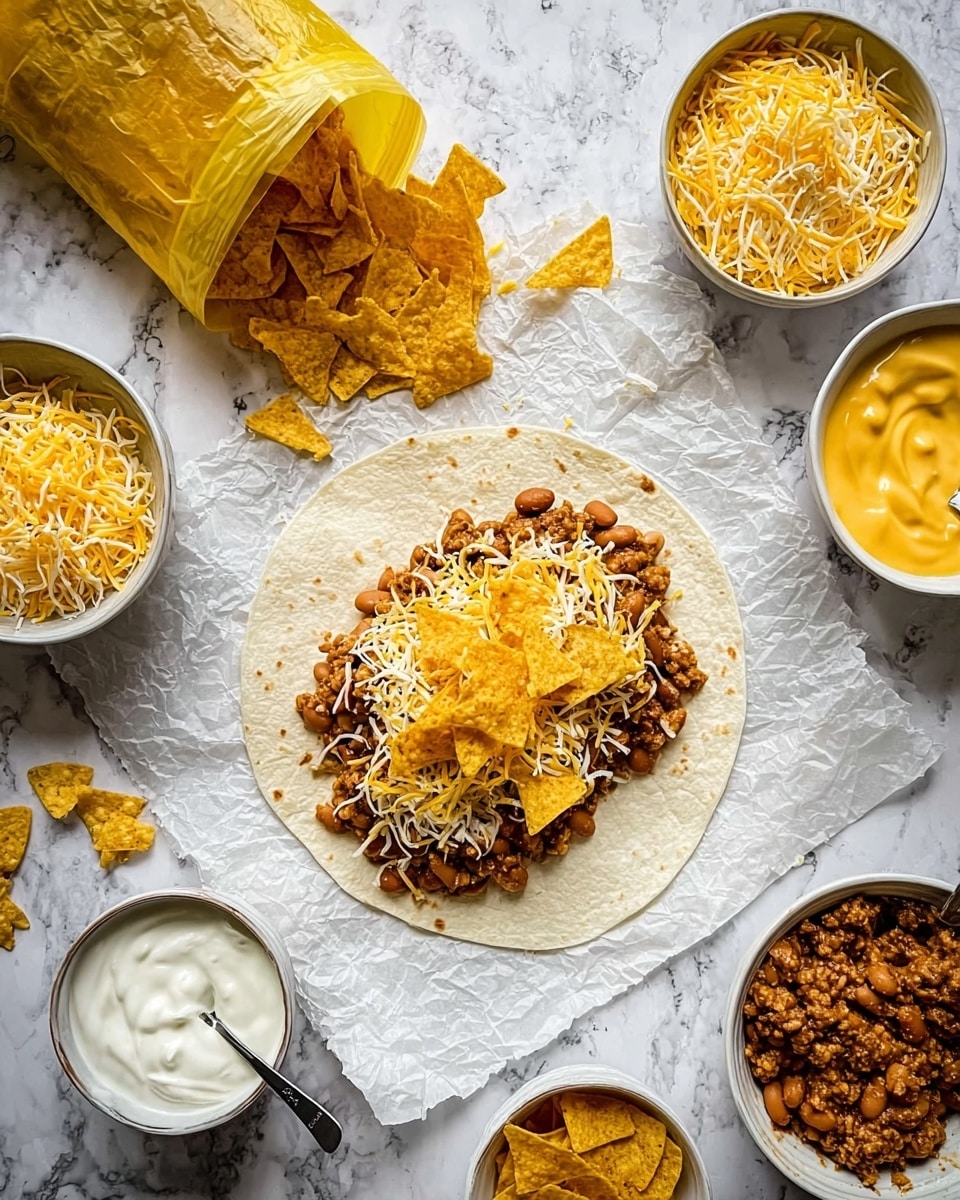 A white tortilla lies flat on crumpled white parchment paper on a white marbled surface, layered first with a mix of cooked ground meat and beans, then topped with a sprinkle of yellow and white shredded cheese, and a few broken yellow tortilla chips in the center; around the tortilla are bowls containing more shredded yellow and white cheese, ground meat with beans, and a creamy bright yellow cheese sauce. A small bowl of white sour cream is also present with a spoon resting on its rim, and an open yellow bag spilling out more tortilla chips onto the surface. photo taken with an iphone --ar 4:5 --v 7
