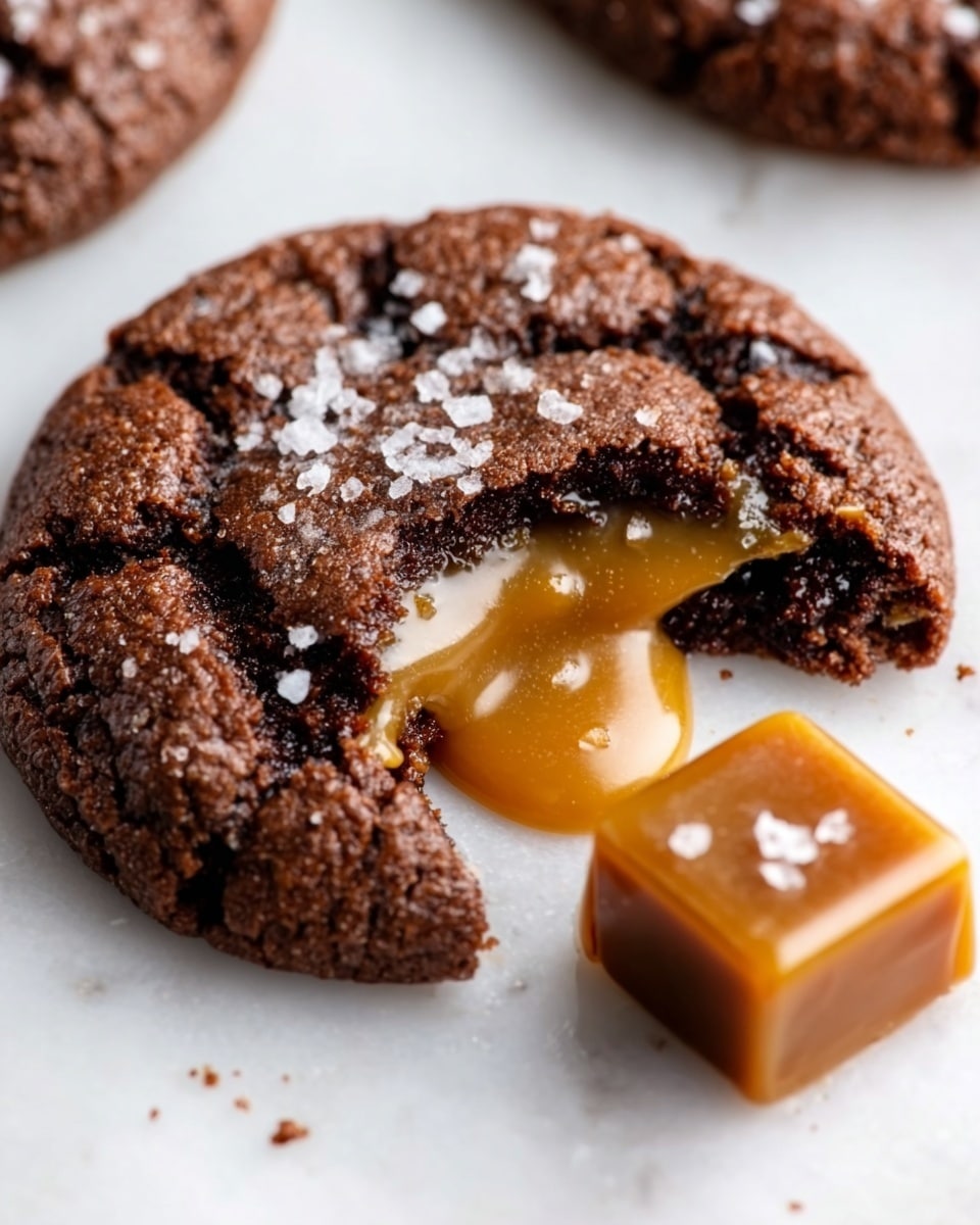 A stack of four round chocolate cookies sits on a white marbled surface. The bottom two cookies are whole with a slightly cracked texture and sugar crystals on top. Above them are two cookies broken in half, revealing a soft, thick caramel layer oozing out, which shines with a smooth texture. The dark brown color of the cookies contrasts with the rich golden caramel center. The background is softly blurred with neutral tones. photo taken with an iphone --ar 4:5 --v 7