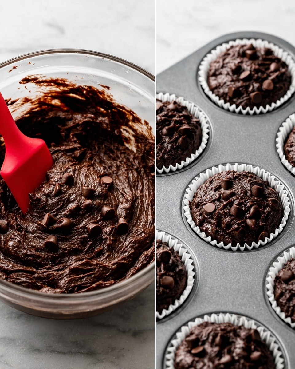 The image shows two side-by-side scenes. On the left, there is a clear glass bowl filled with thick, dark brown chocolate batter mixed with dark chocolate chips, with a red spatula partially submerged in the batter. On the right, there is a close-up of a grey muffin tray holding several white cupcake liners filled with the same dark chocolate batter, each with a rough and uneven surface, ready to be baked. The background is a white marbled texture. Photo taken with an iphone --ar 4:5 --v 7