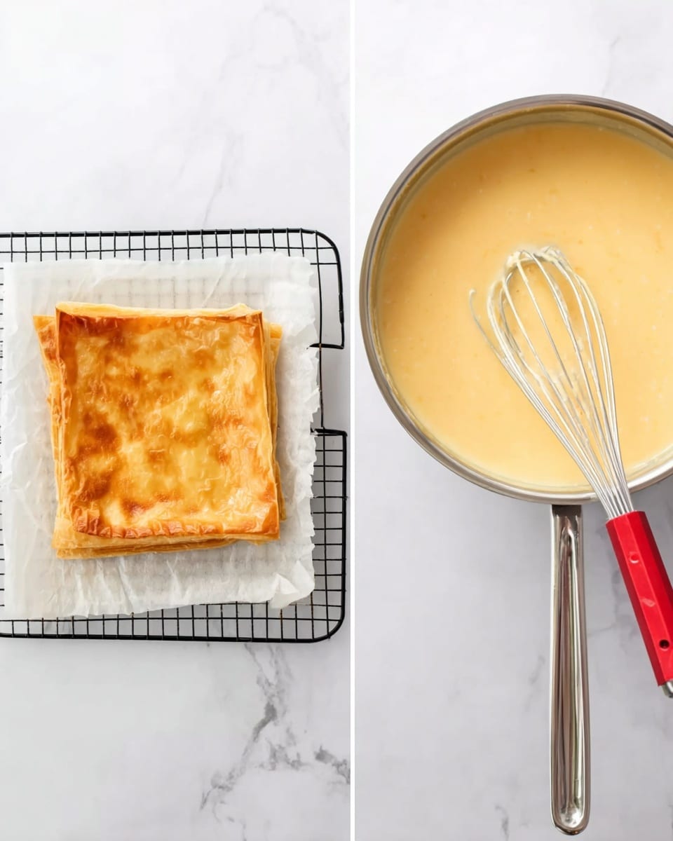 The image on the left shows a square, thin, golden-brown baked pastry on white parchment paper placed on a black wire rack, all set on a white marbled surface. The pastry has a slightly flaky texture with some light and darker patches. The image on the right shows a silver saucepan with creamy yellow mixture inside, having a smooth texture, and a metal whisk with a red handle resting inside the pan. Both images have a clean, bright feel. Photo taken with an iphone --ar 4:5 --v 7