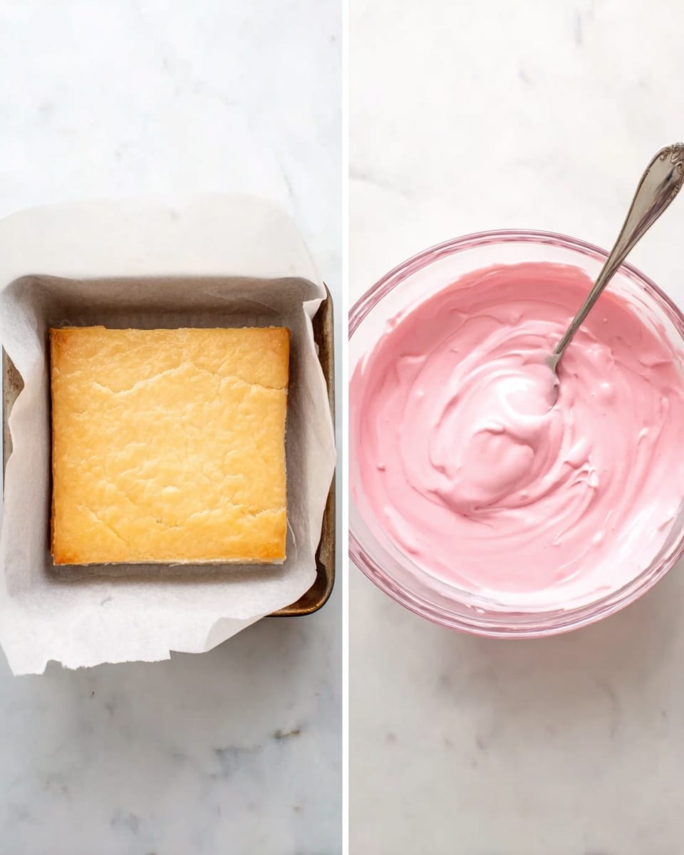 The image shows two parts: on the left, a square golden layer of baked pastry sits inside a small baking pan lined with white parchment paper, highlighting its thin and smooth texture with slight cracks and golden-brown spots. On the right, there is a round clear glass bowl containing a thick, smooth pale pink icing being stirred by a spoon, with the white marbled surface underneath visible through the bowl and around it. photo taken with an iphone --ar 4:5 --v 7