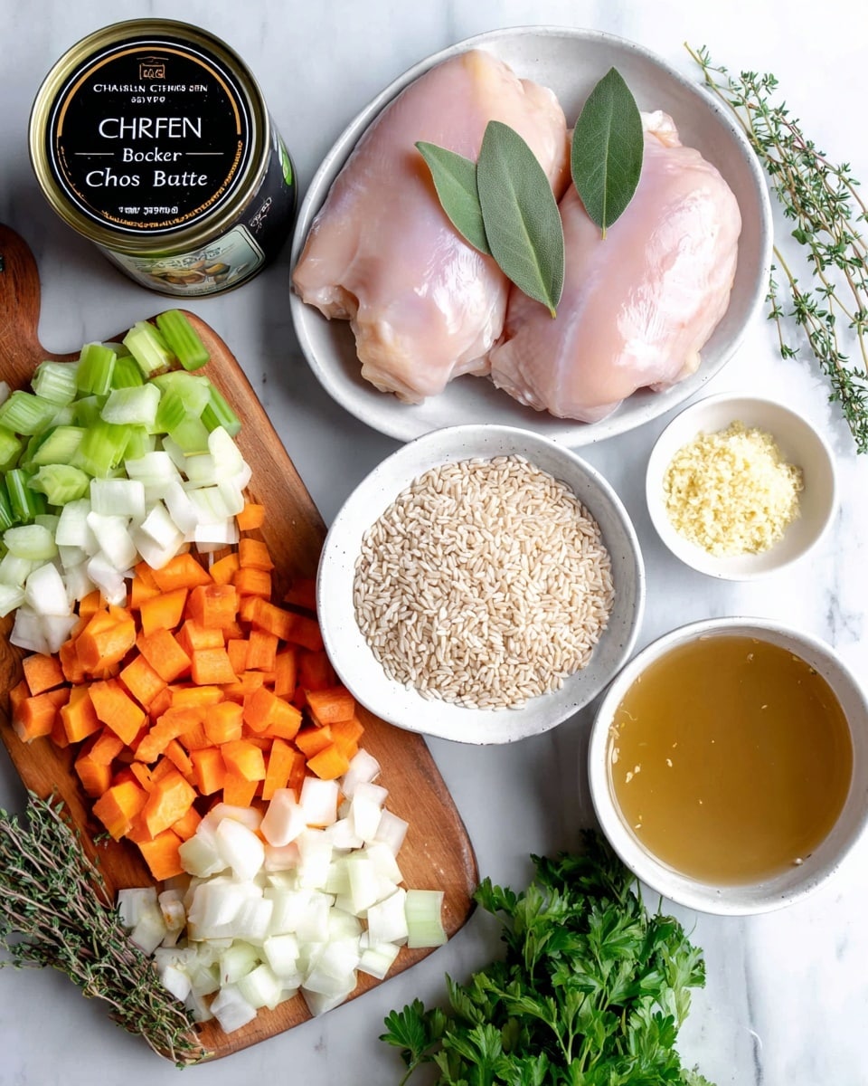 The image shows a white bowl on the right filled with two smooth, shiny raw chicken pieces with a light pink color, topped with two green bay leaves. In the center, there is a small white bowl filled with uncooked, light beige rice grains and a tiny white bowl above it with minced garlic that is pale yellow and textured. To the left, a wooden board holds chopped orange carrots, light green celery, and white onion pieces, all cut into small cubes and arranged in layers. Fresh thyme sprigs are placed next to the wood board and bright green parsley leaves are seen near the bottom center. A glass cup with light golden chicken broth sits at the bottom right. At the top left, a dark tin can labeled chicken base is placed on the white marbled background. photo taken with an iphone --ar 4:5 --v 7