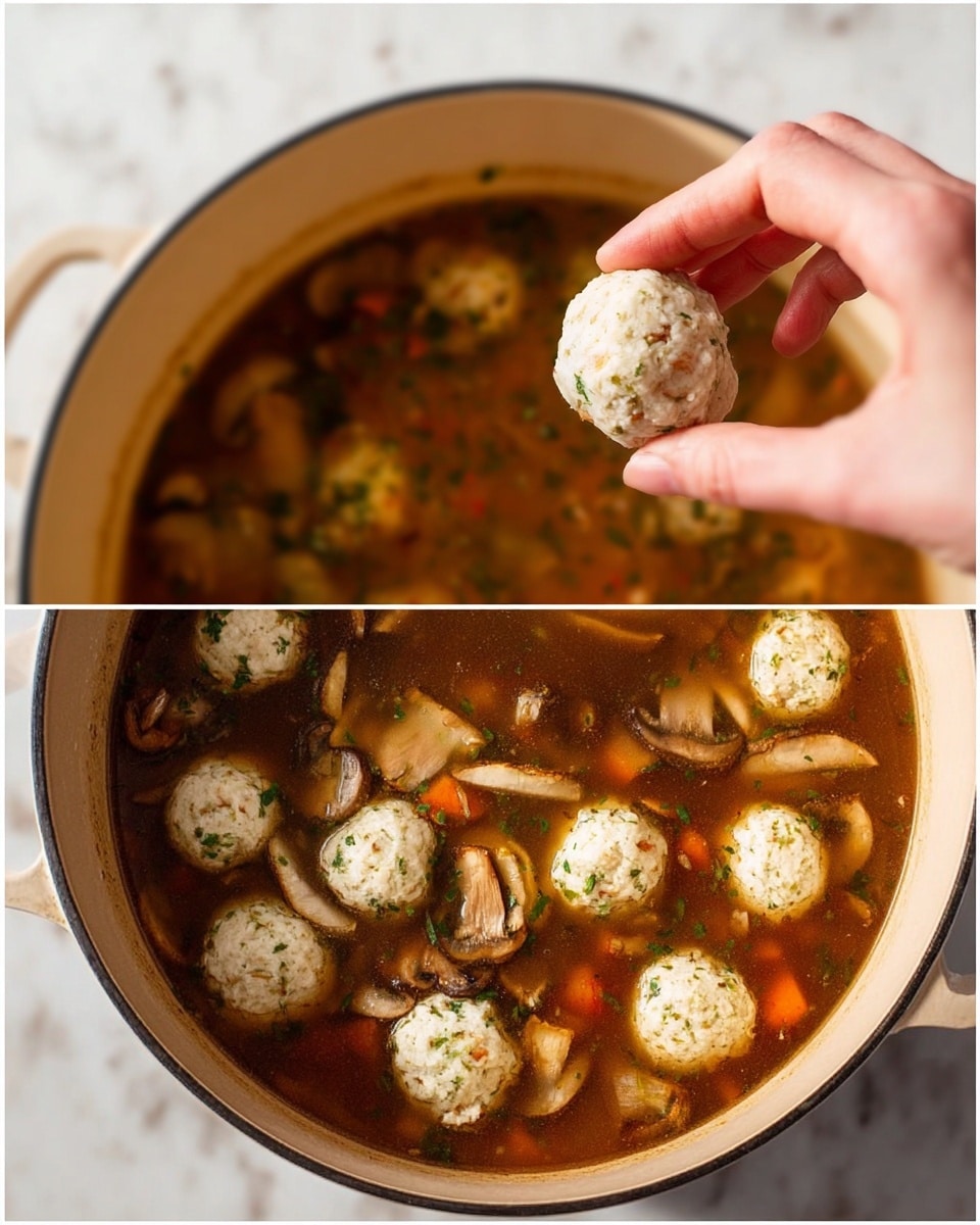 A close-up image shows a woman's hand holding a small, round, white dough ball with herbs inside, positioned above a pot filled with a brown broth and visible slices of mushrooms and carrots. The second image features the pot on a stove filled with the same brown broth and floating dough balls similar to the one held, along with pieces of carrot and sliced mushrooms. The pot is cream-colored, and the scene has a clean, white marbled background. photo taken with an iphone --ar 4:5 --v 7